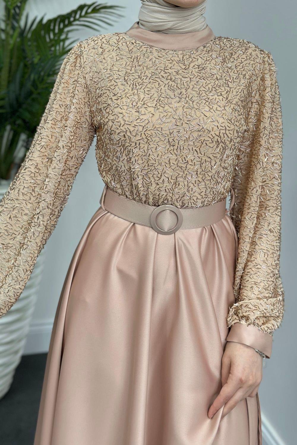 Mihbet Üstü Boncuk Abiye Gold 6176 