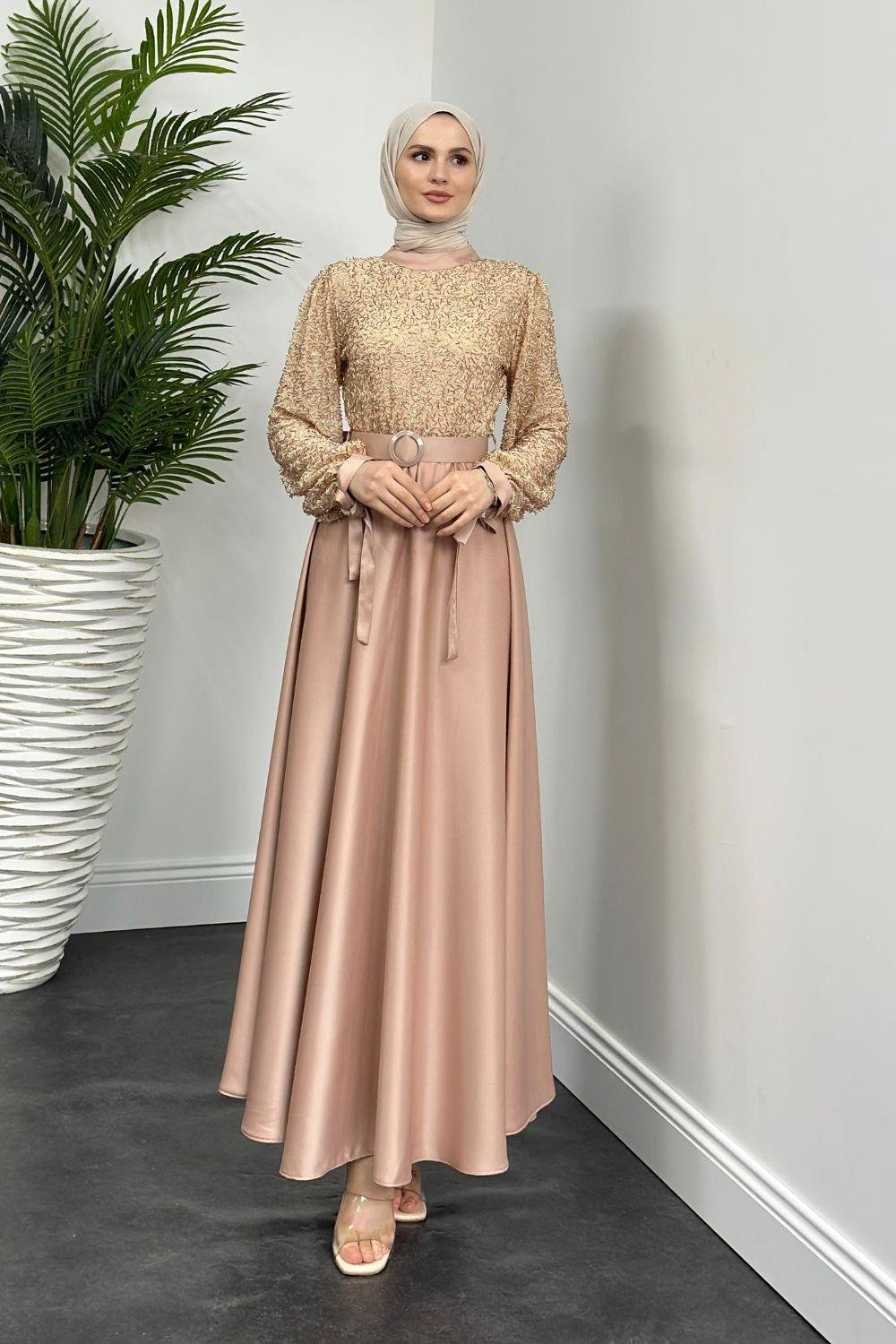 Mihbet Üstü Boncuk Abiye Gold 6176 