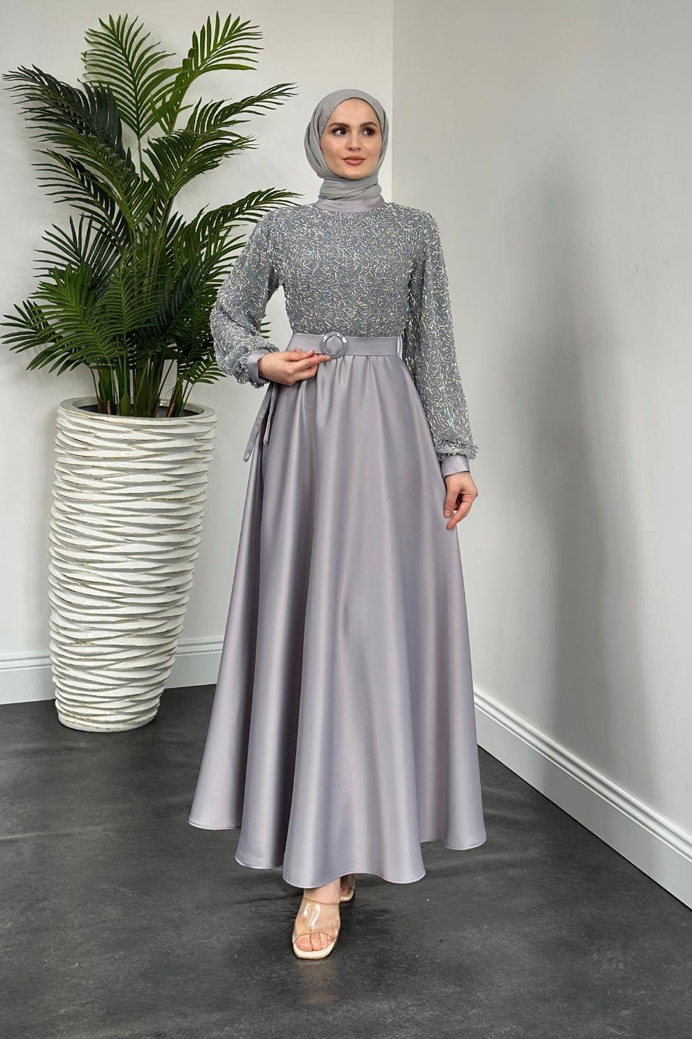 Mihbet Üstü Boncuk Abiye Gri 6176 