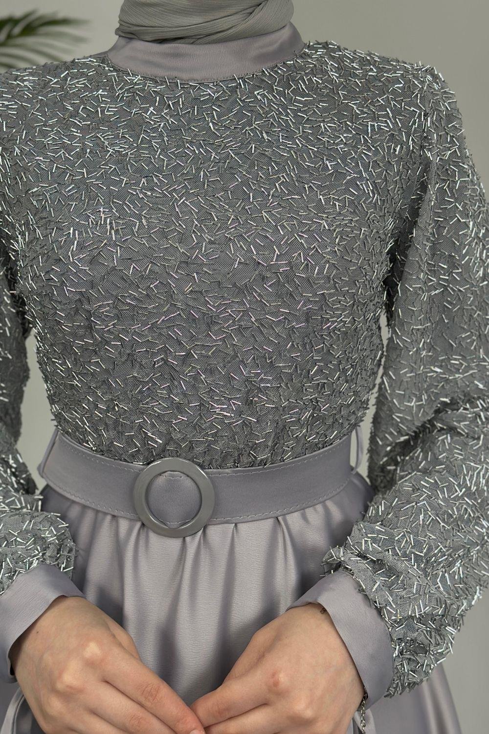 Mihbet Üstü Boncuk Abiye Gri 6176 