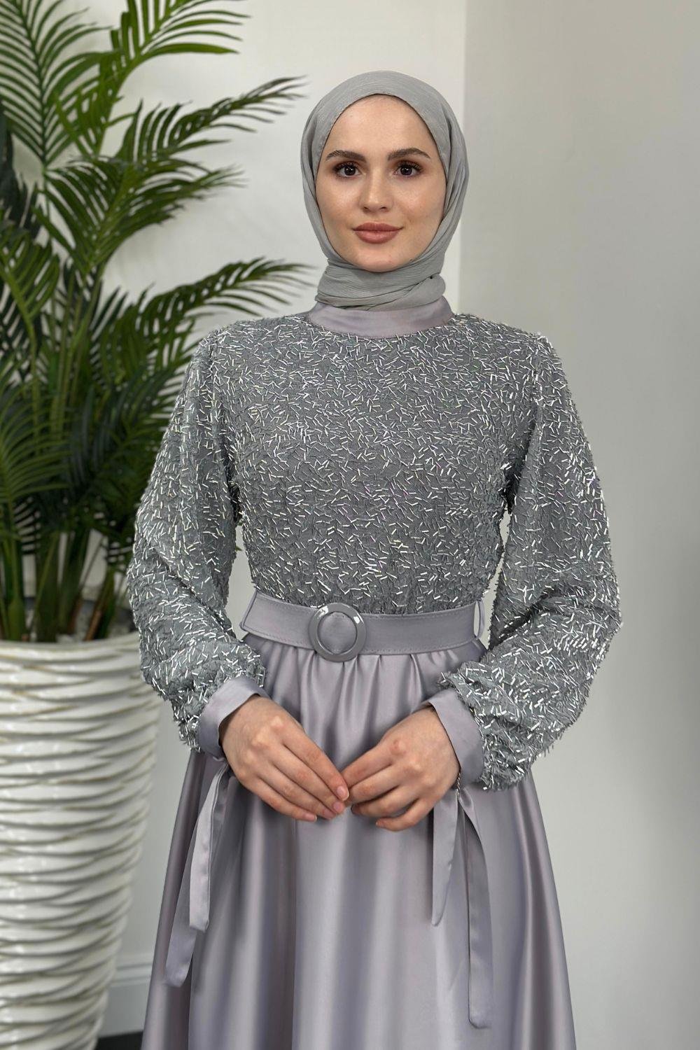 Mihbet Üstü Boncuk Abiye Gri 6176 