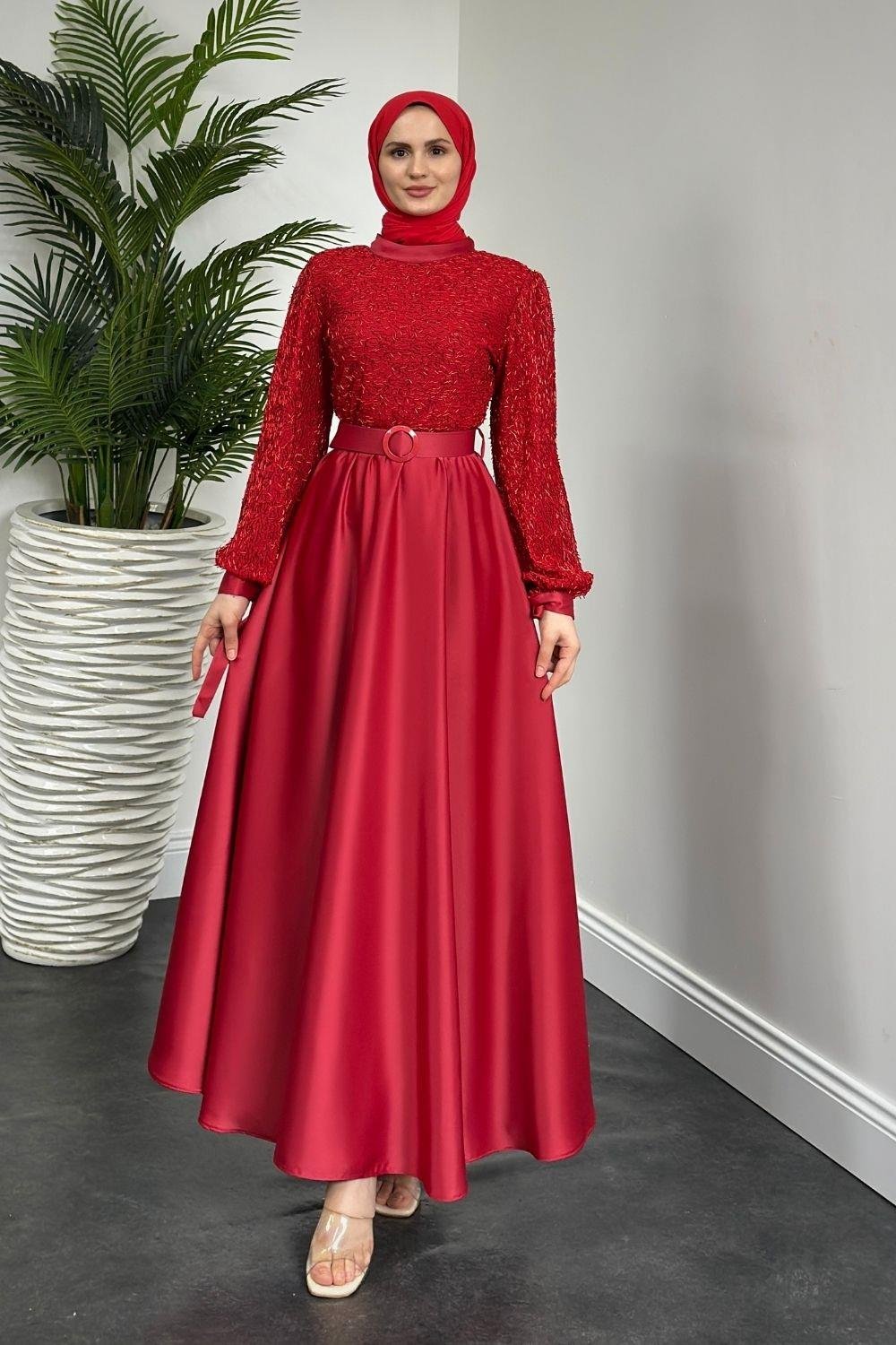 Mihbet Üstü Boncuk Abiye Kırmızı 6176 