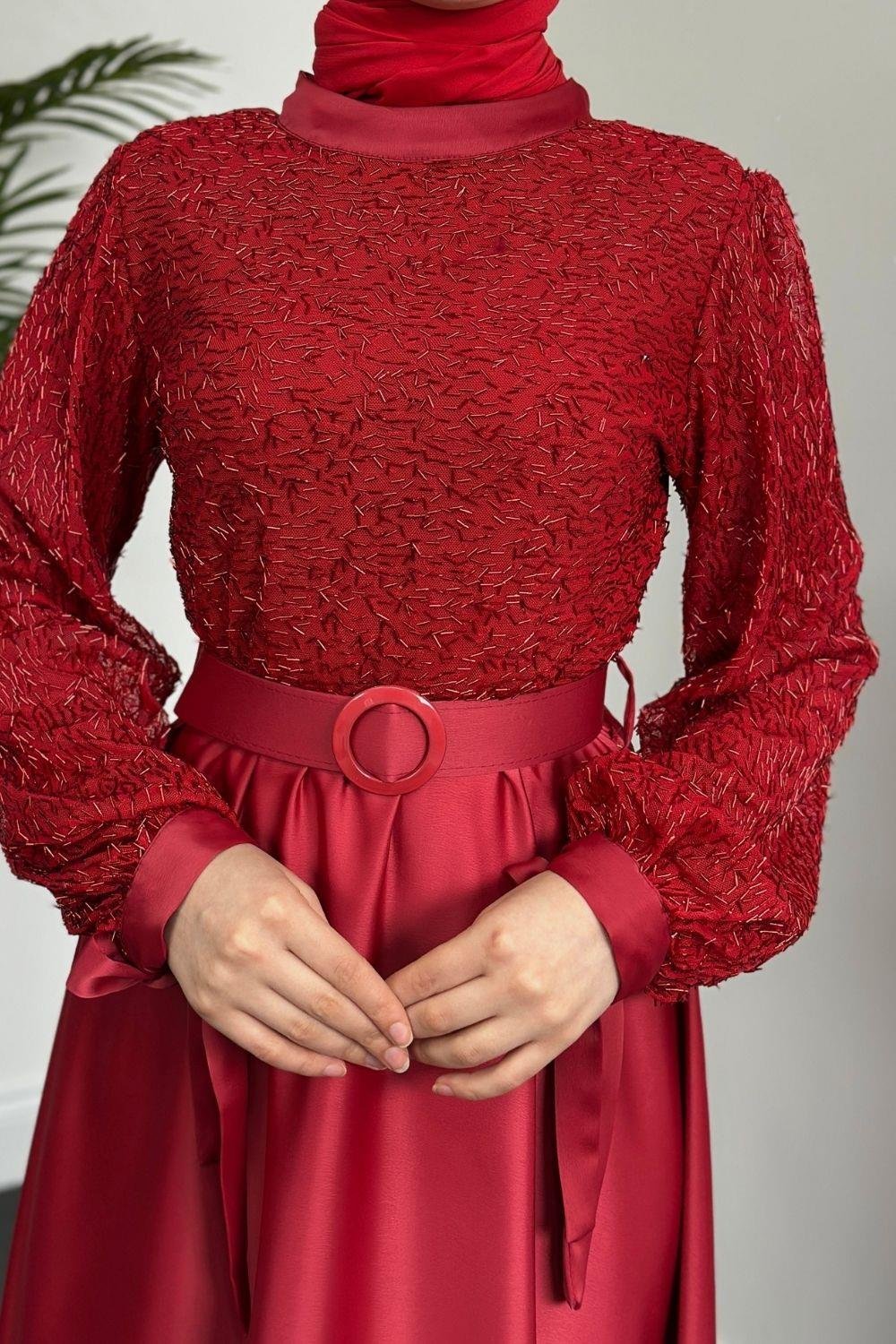 Mihbet Üstü Boncuk Abiye Kırmızı 6176 