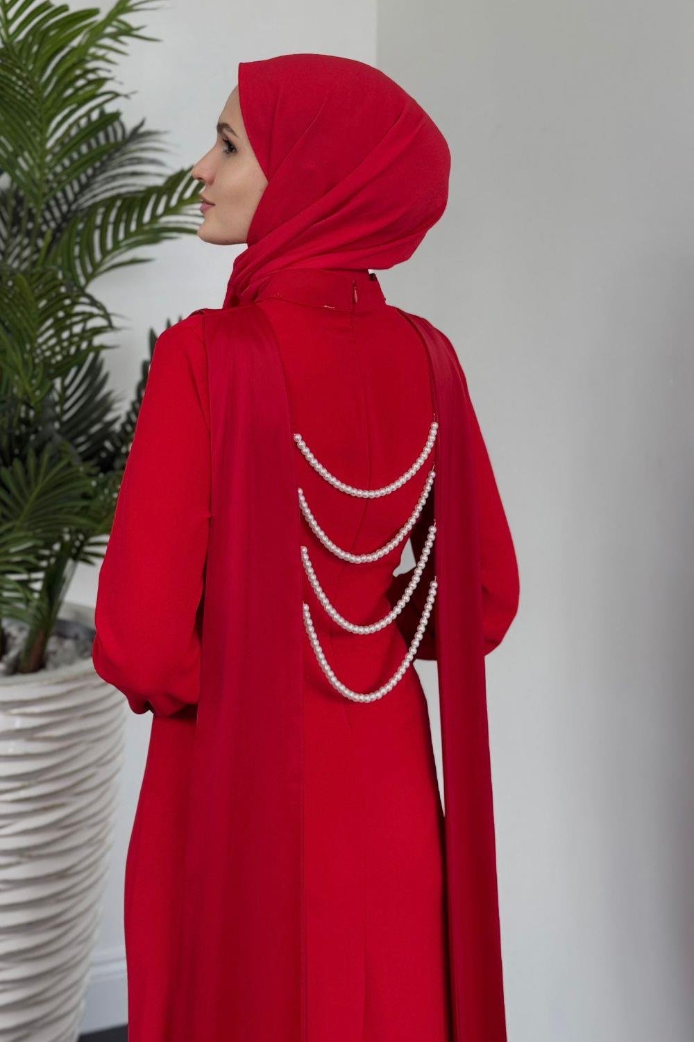 Arkası İnci Kolyeli Abiye Kırmızı 6198 