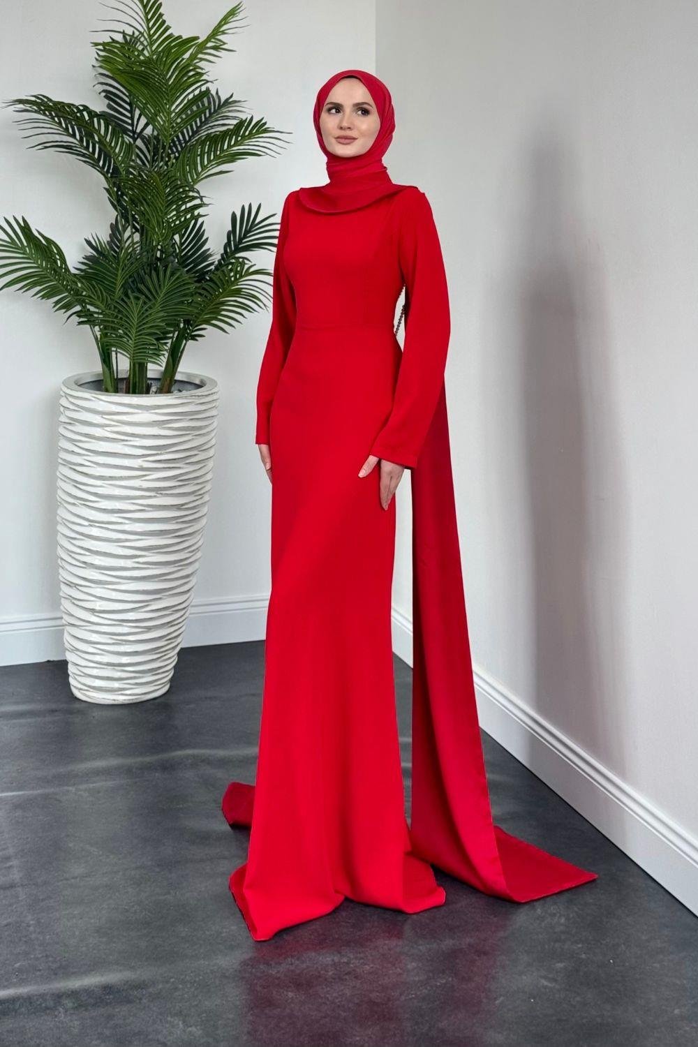 Arkası İnci Kolyeli Abiye Kırmızı 6198 