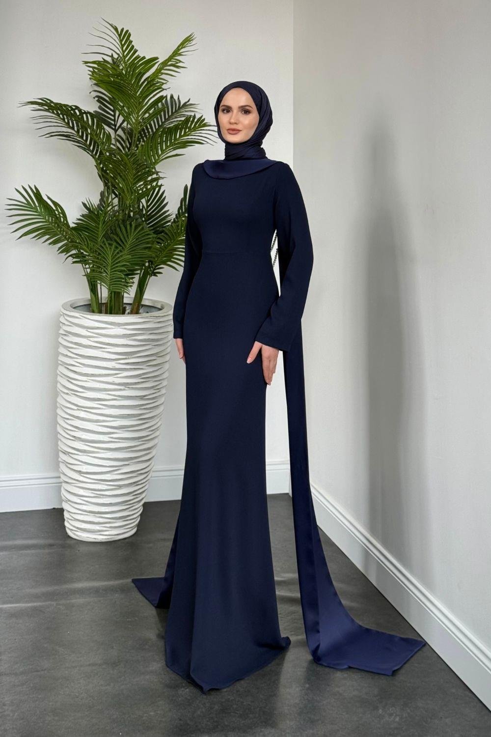 Arkası İnci Kolyeli Abiye Lacivert 6198 