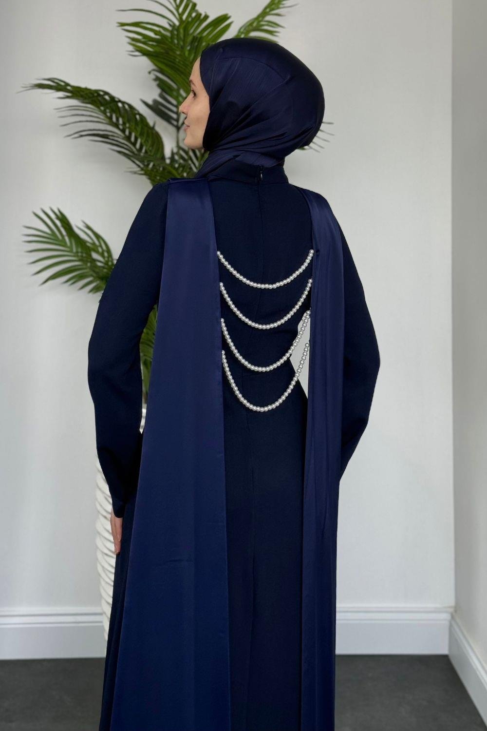Arkası İnci Kolyeli Abiye Lacivert 6198 