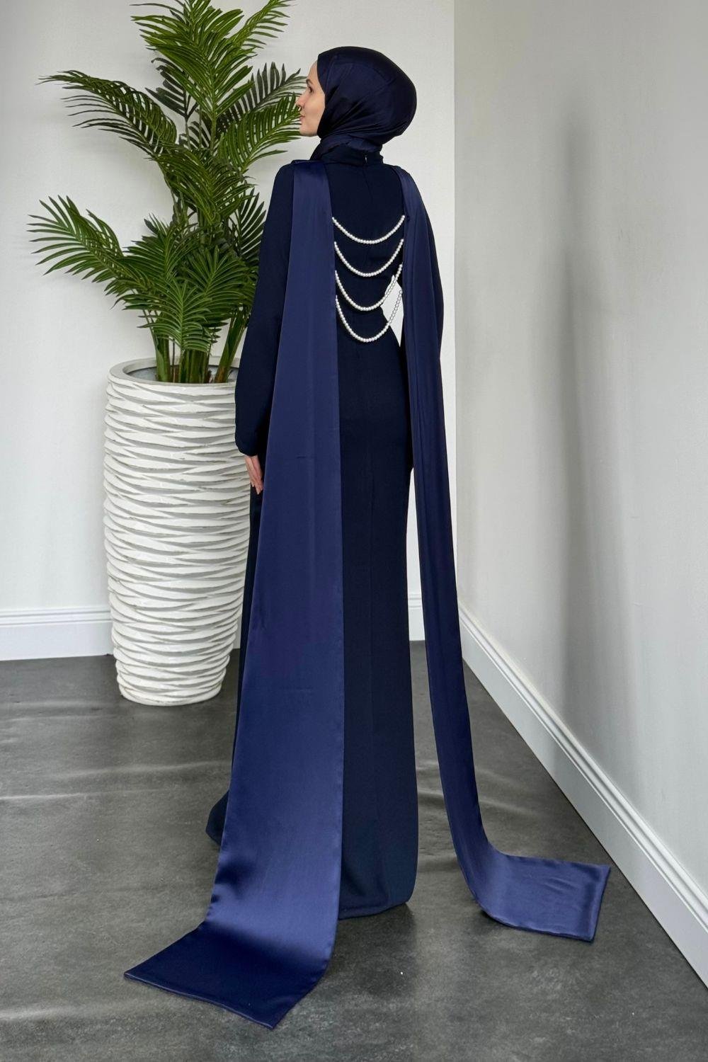 Arkası İnci Kolyeli Abiye Lacivert 6198 