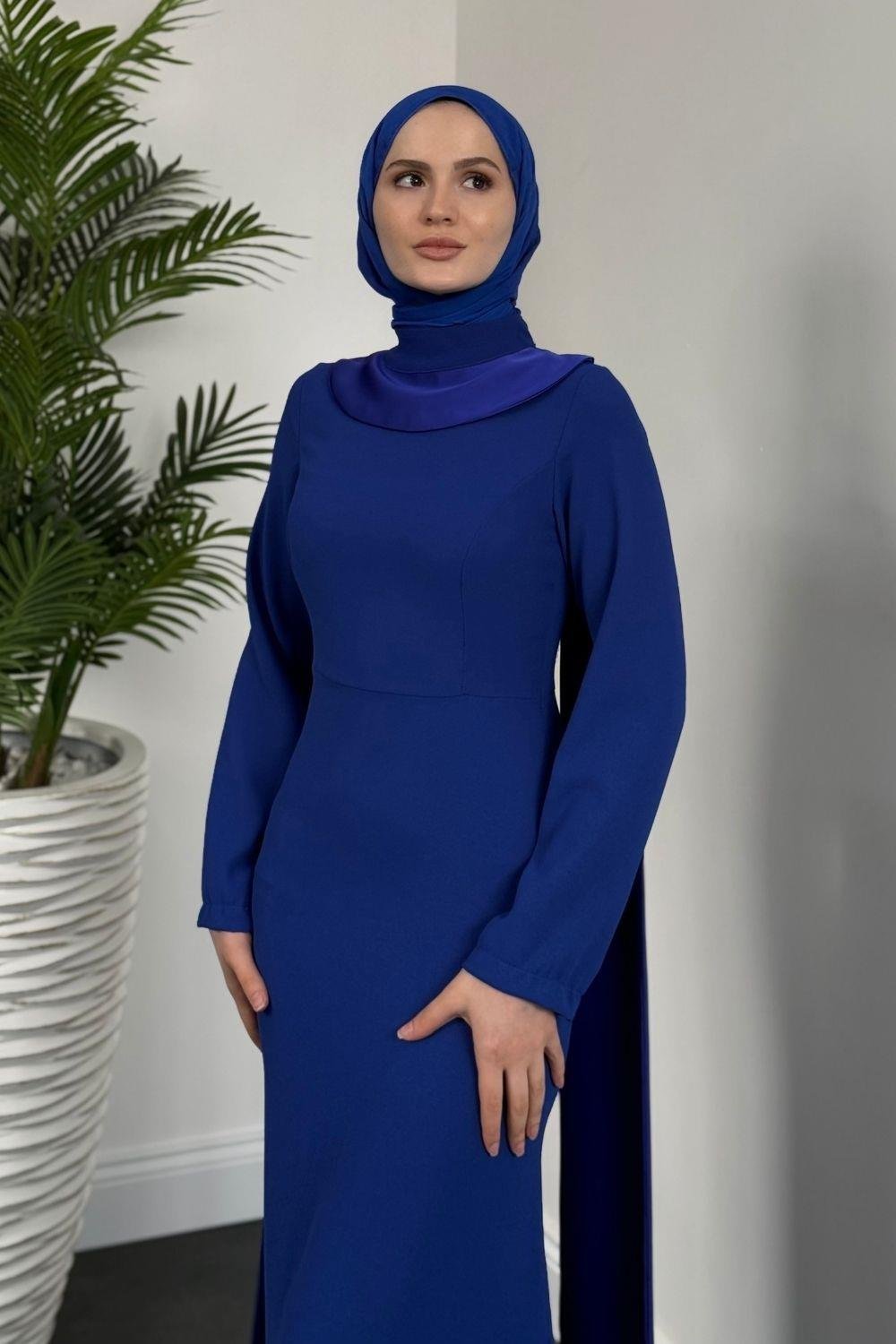 Arkası İnci Kolyeli Abiye Saks 6198 