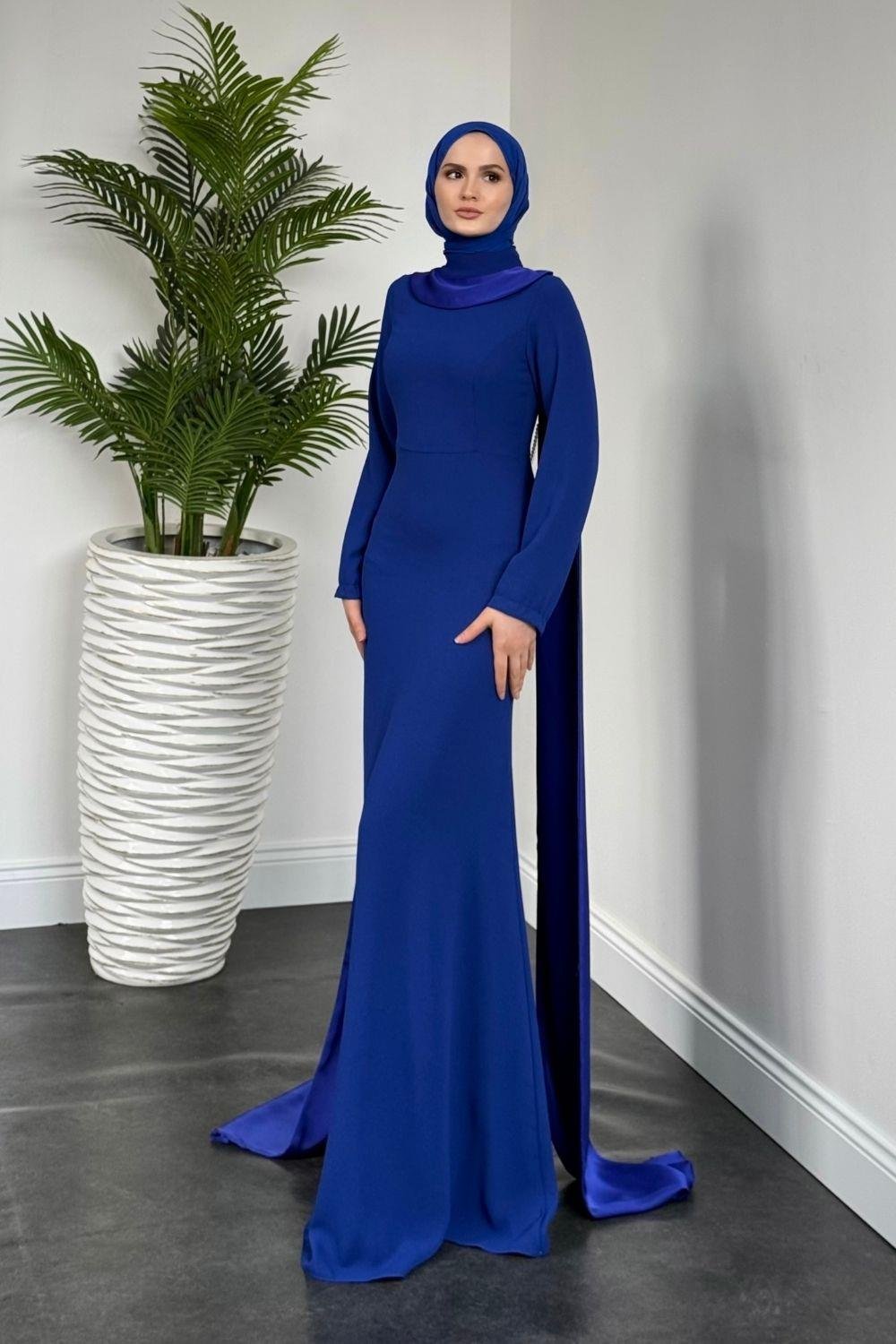 Arkası İnci Kolyeli Abiye Saks 6198 