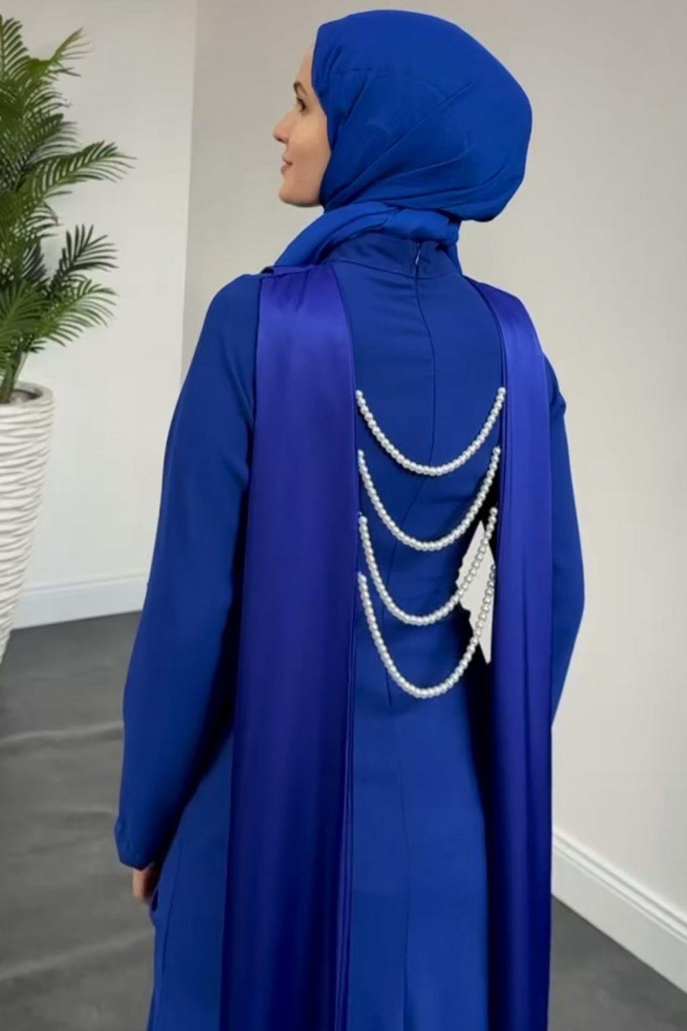 Arkası İnci Kolyeli Abiye Saks 6198 