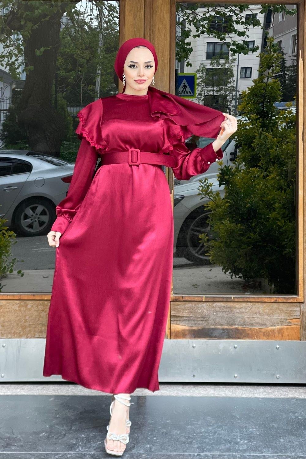 KollarıDantellı Kemerli Elbise Bordo 6200 