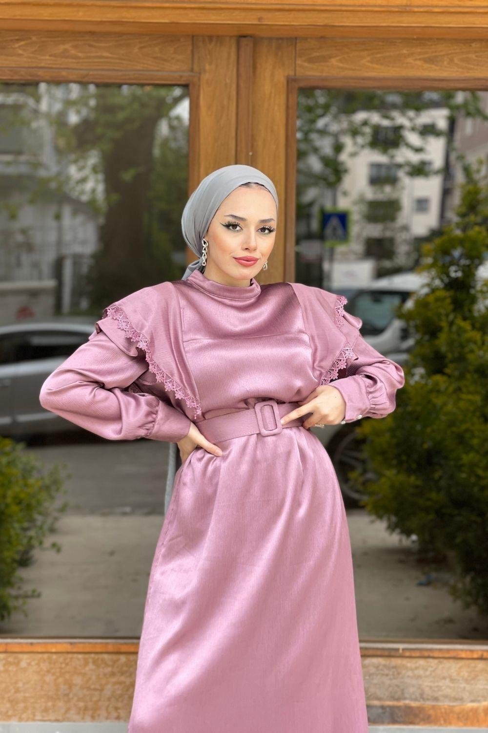 KollarıDantellı Kemerli Elbise Gül Kurusu 6200 