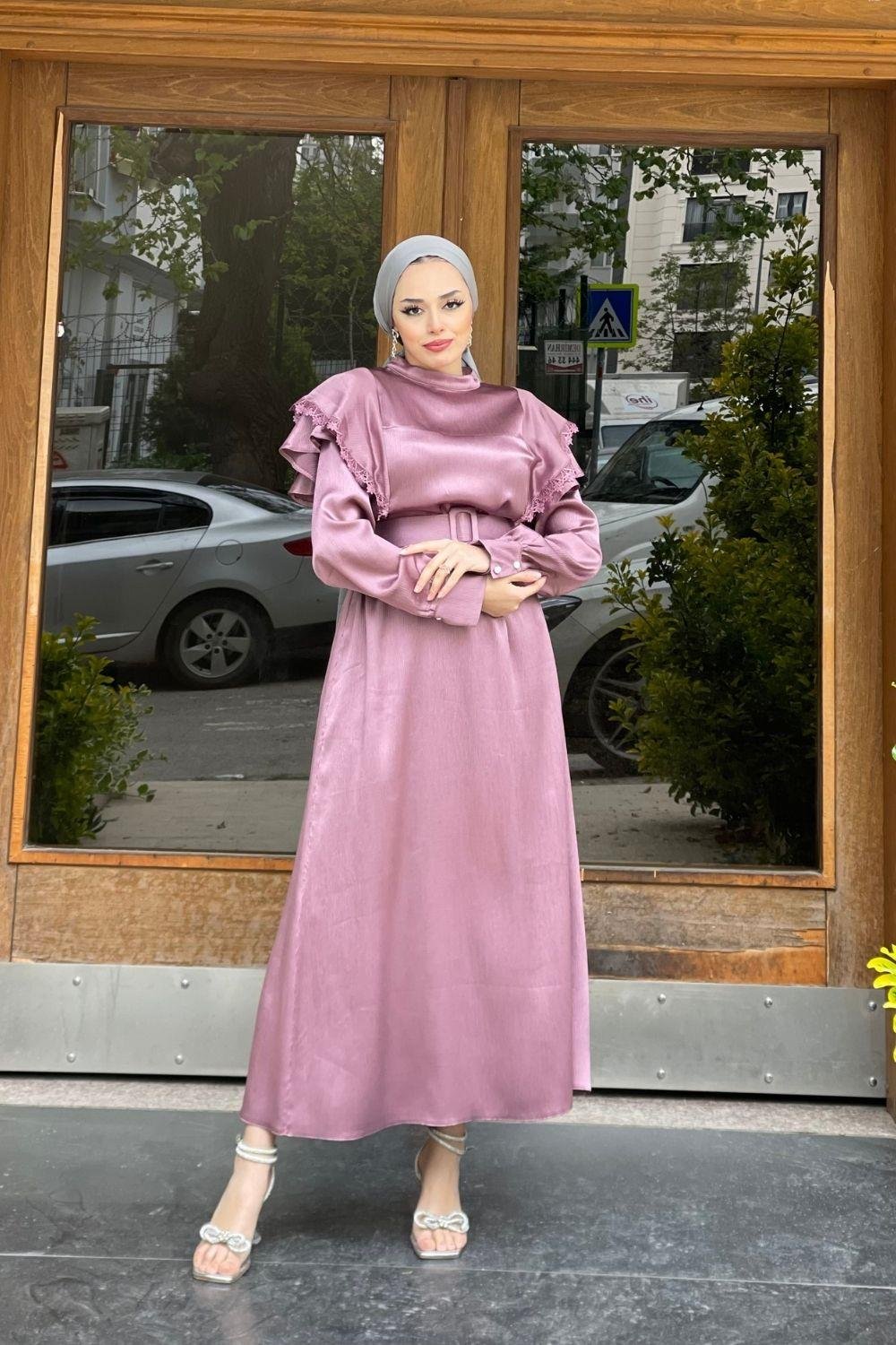 KollarıDantellı Kemerli Elbise Gül Kurusu 6200 