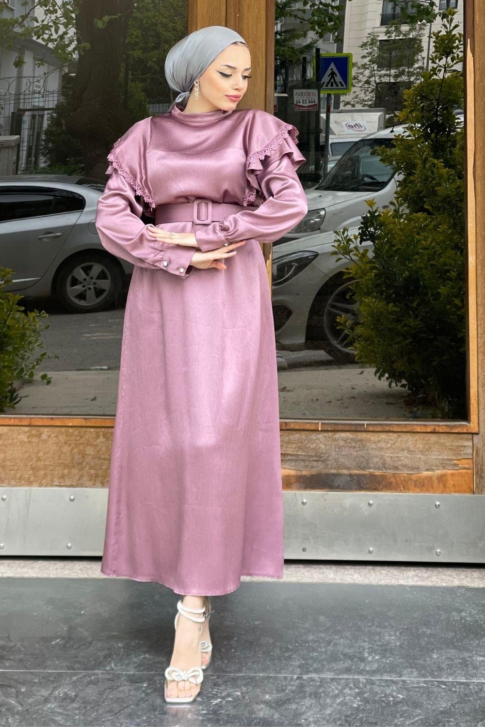 KollarıDantellı Kemerli Elbise Gül Kurusu 6200 
