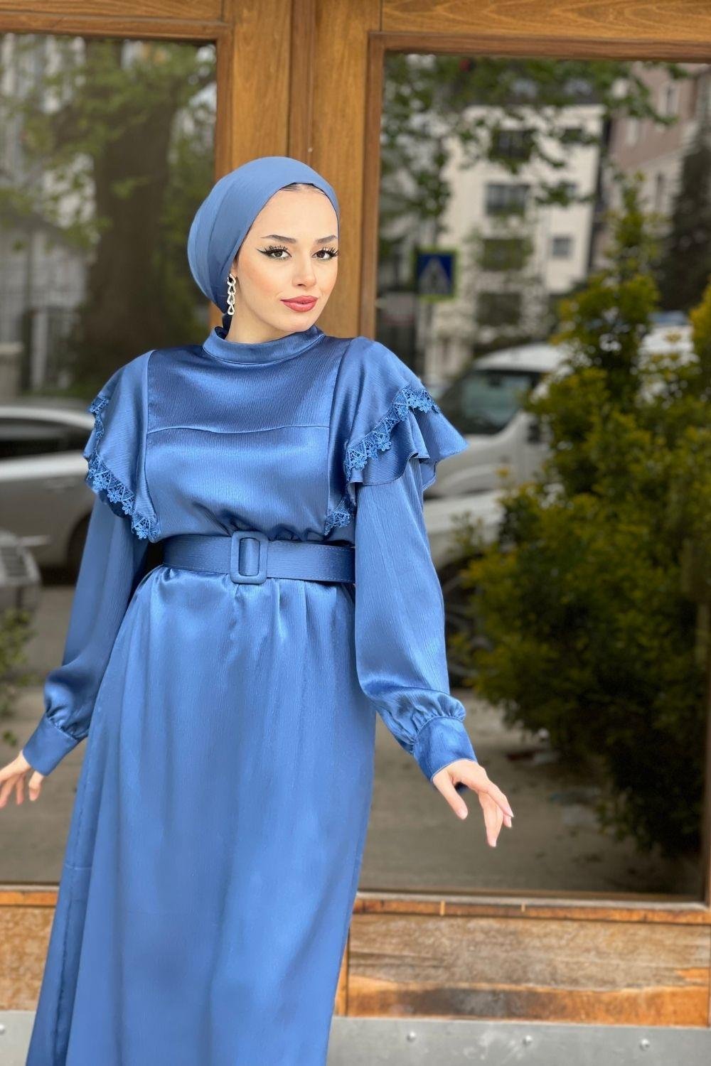 KollarıDantellı Kemerli Elbise Mavi 6200 