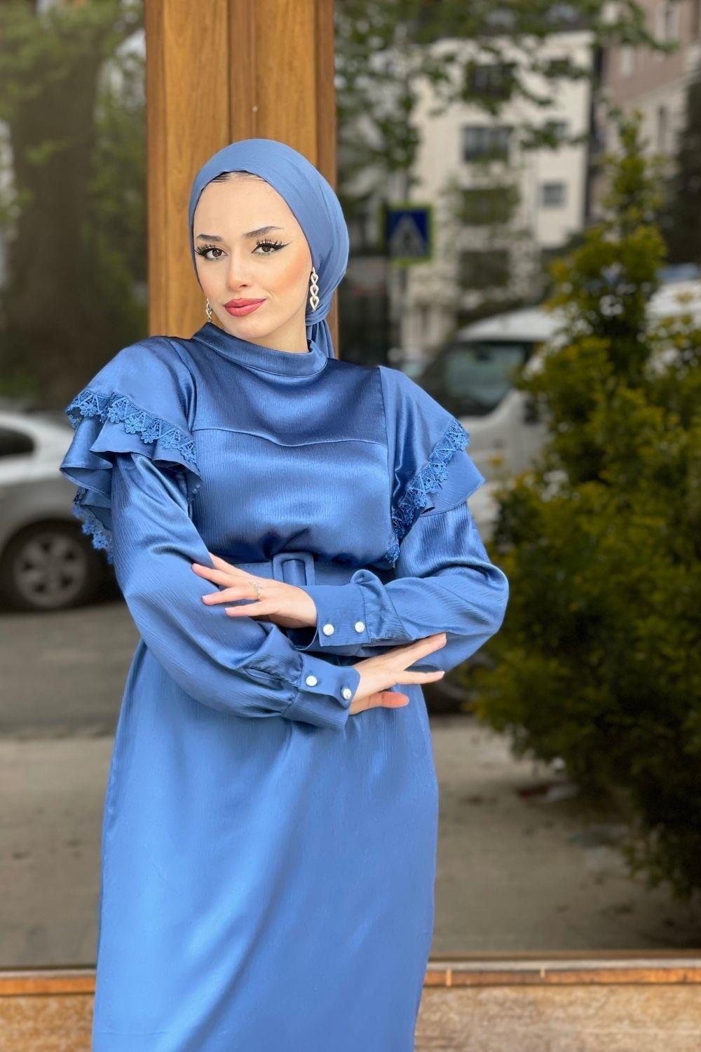 KollarıDantellı Kemerli Elbise Mavi 6200 