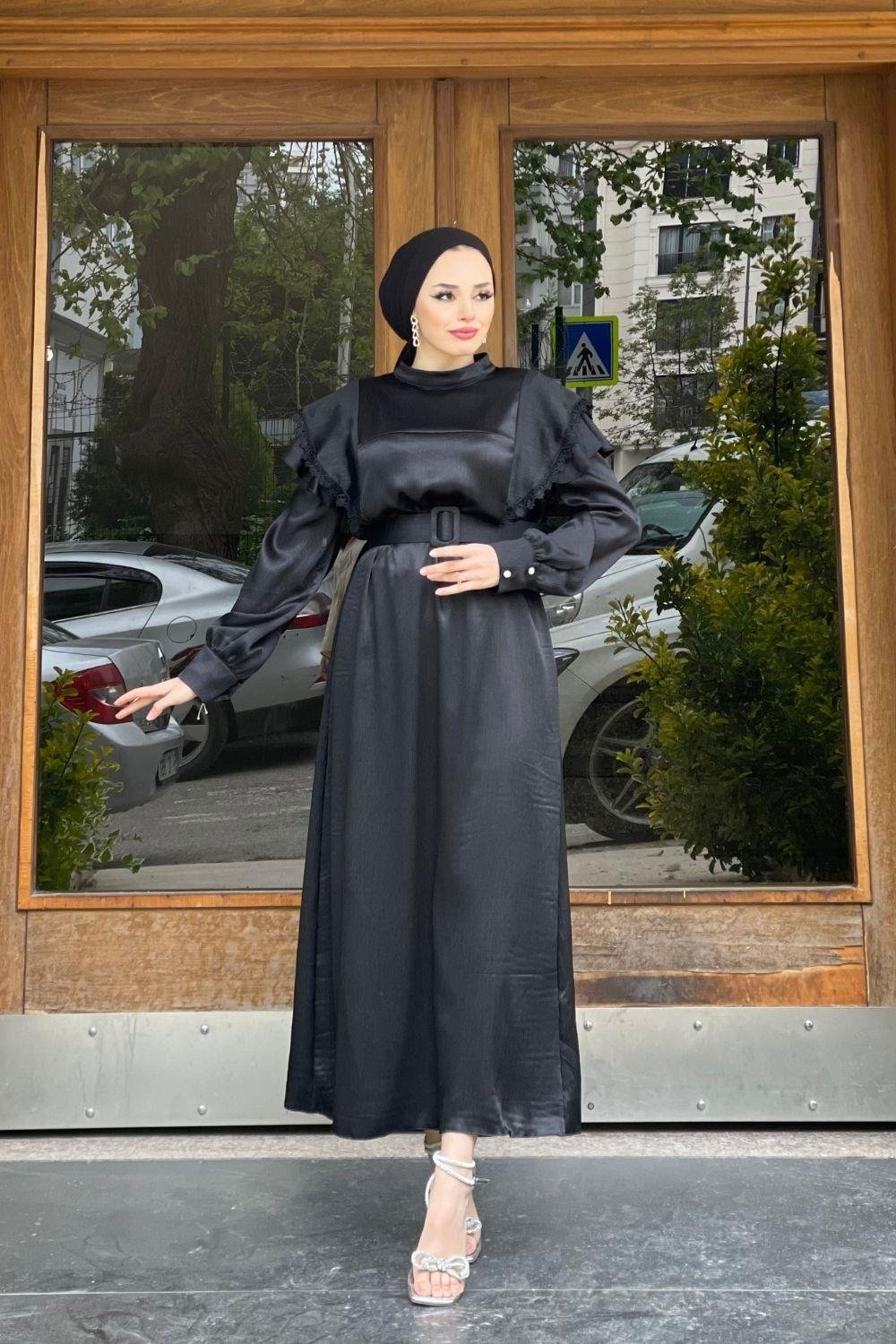 KollarıDantellı Kemerli Elbise Siyah 6200 