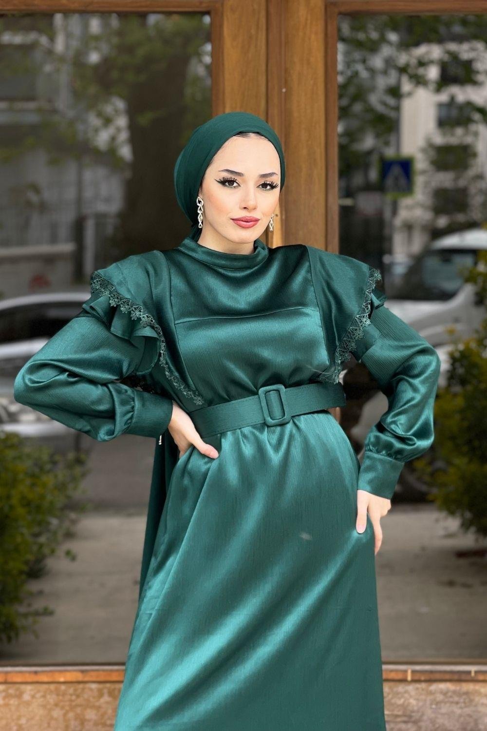 KollarıDantellı Kemerli Elbise Yeşil 6200 