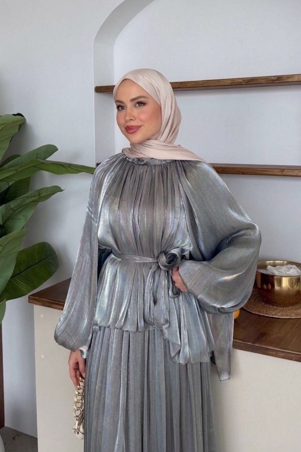 Elfida Saten Takımlı Abiye Gri 6201 