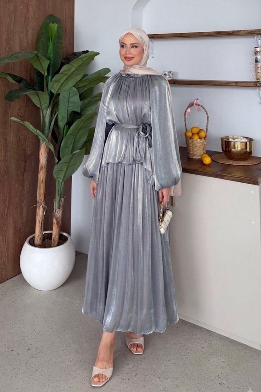 Elfida Saten Takımlı Abiye Gri 6201 