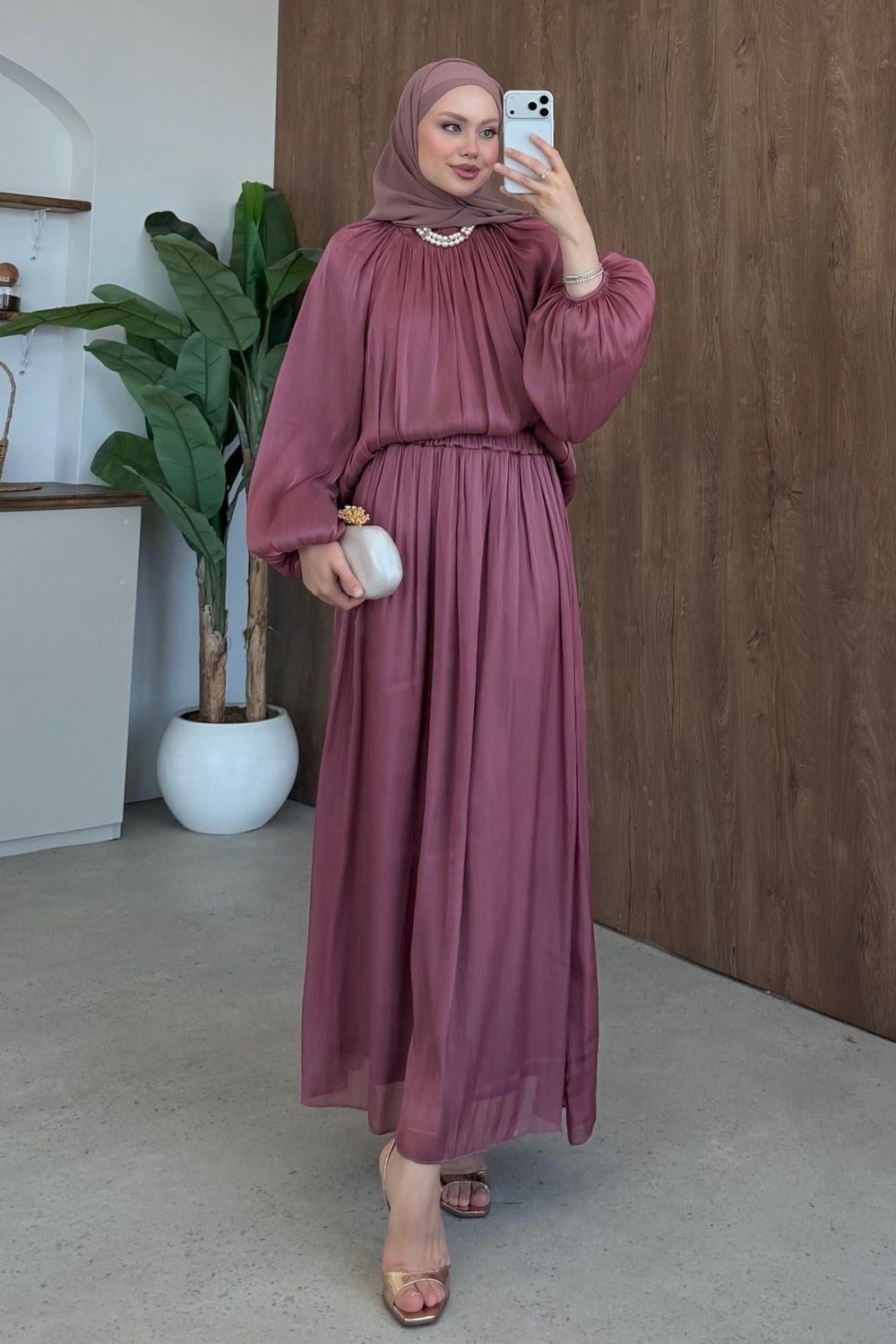 Elfida Saten Takımlı Abiye Gül Kurusu 6201 