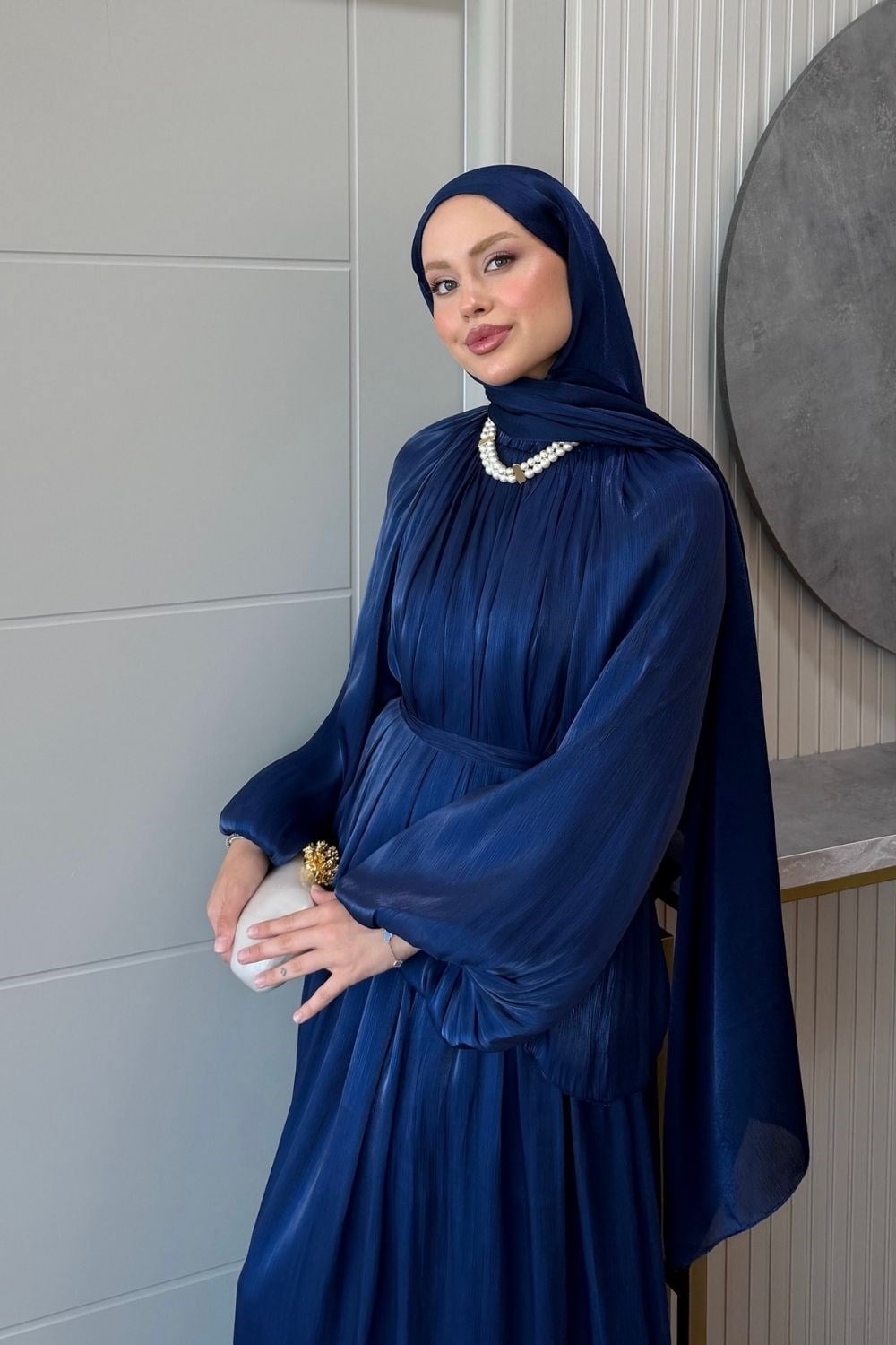 Elfida Saten Takımlı Abiye Lacivert 6201 