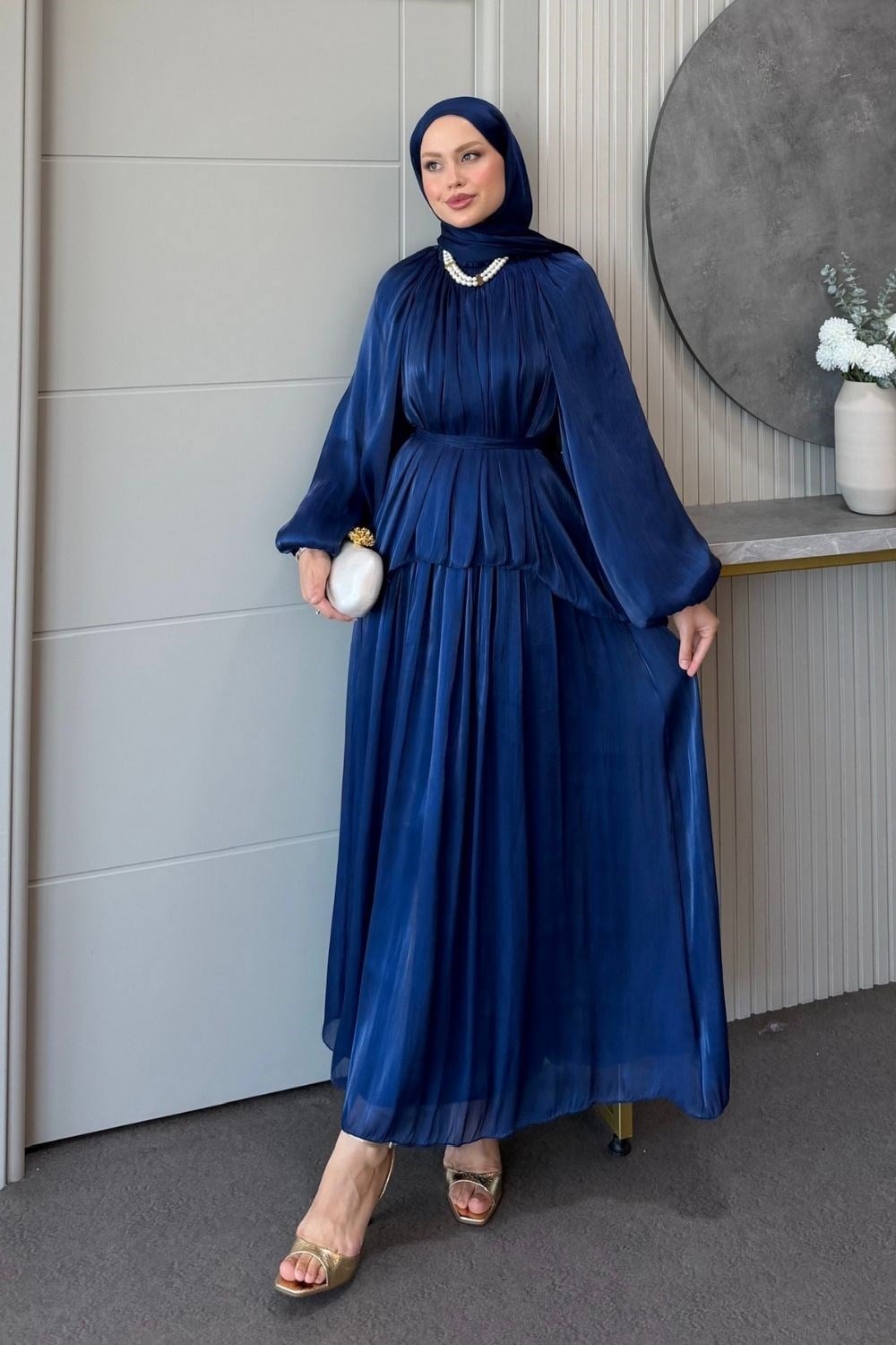 Elfida Saten Takımlı Abiye Lacivert 6201 