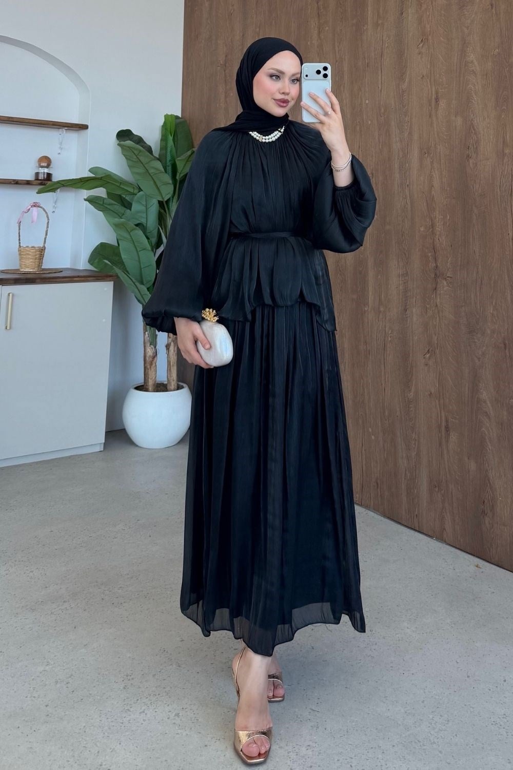 Elfida Saten Takımlı Abiye Siyah 6201 