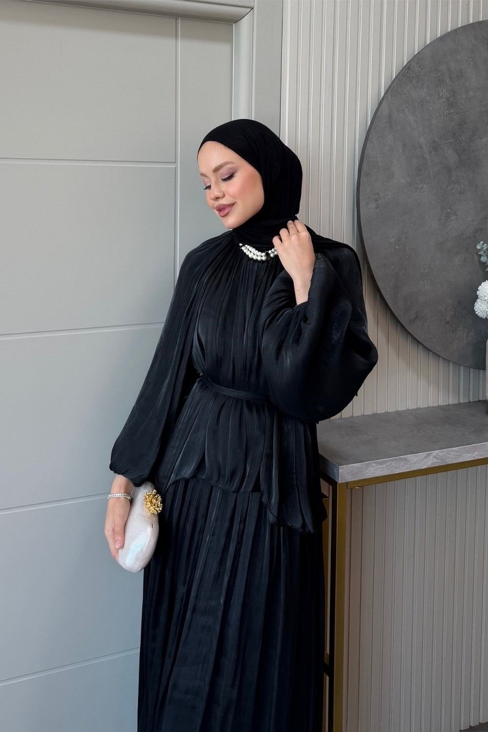 Elfida Saten Takımlı Abiye Siyah 6201 
