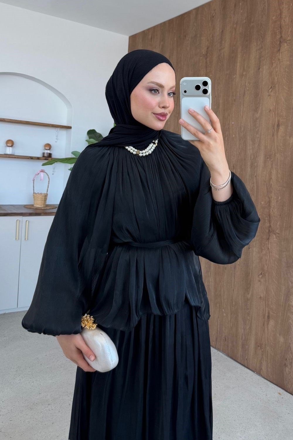 Elfida Saten Takımlı Abiye Siyah 6201 