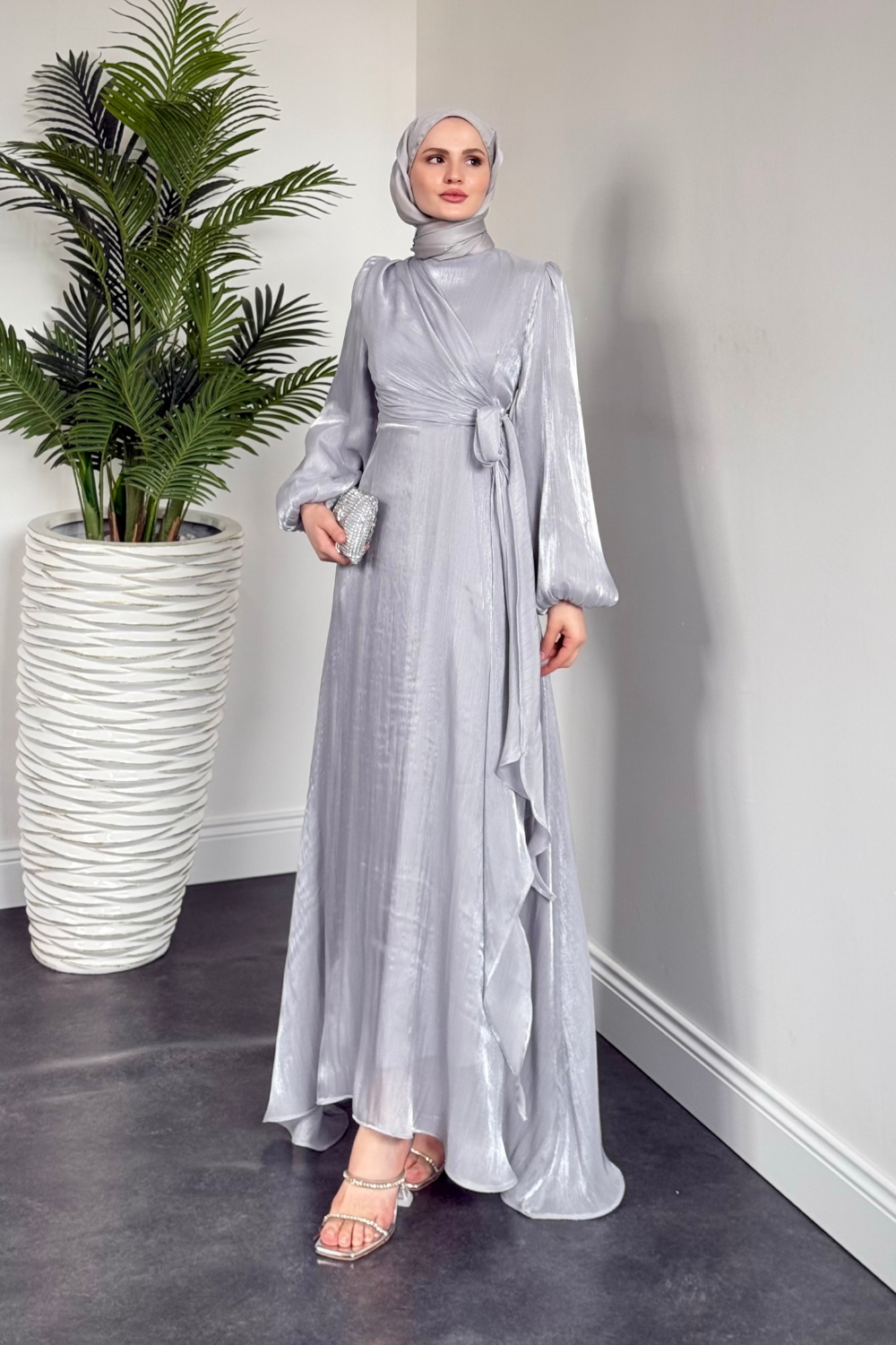 Pırıl Bağlamalı Abiye Gri 6219 