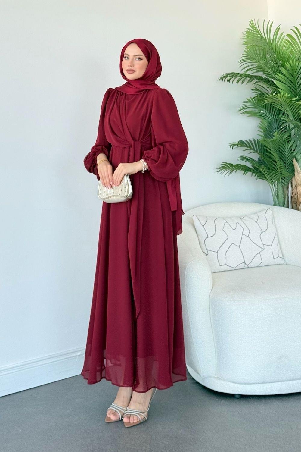 İlayda  Şifon Elbise Bordo 6226 