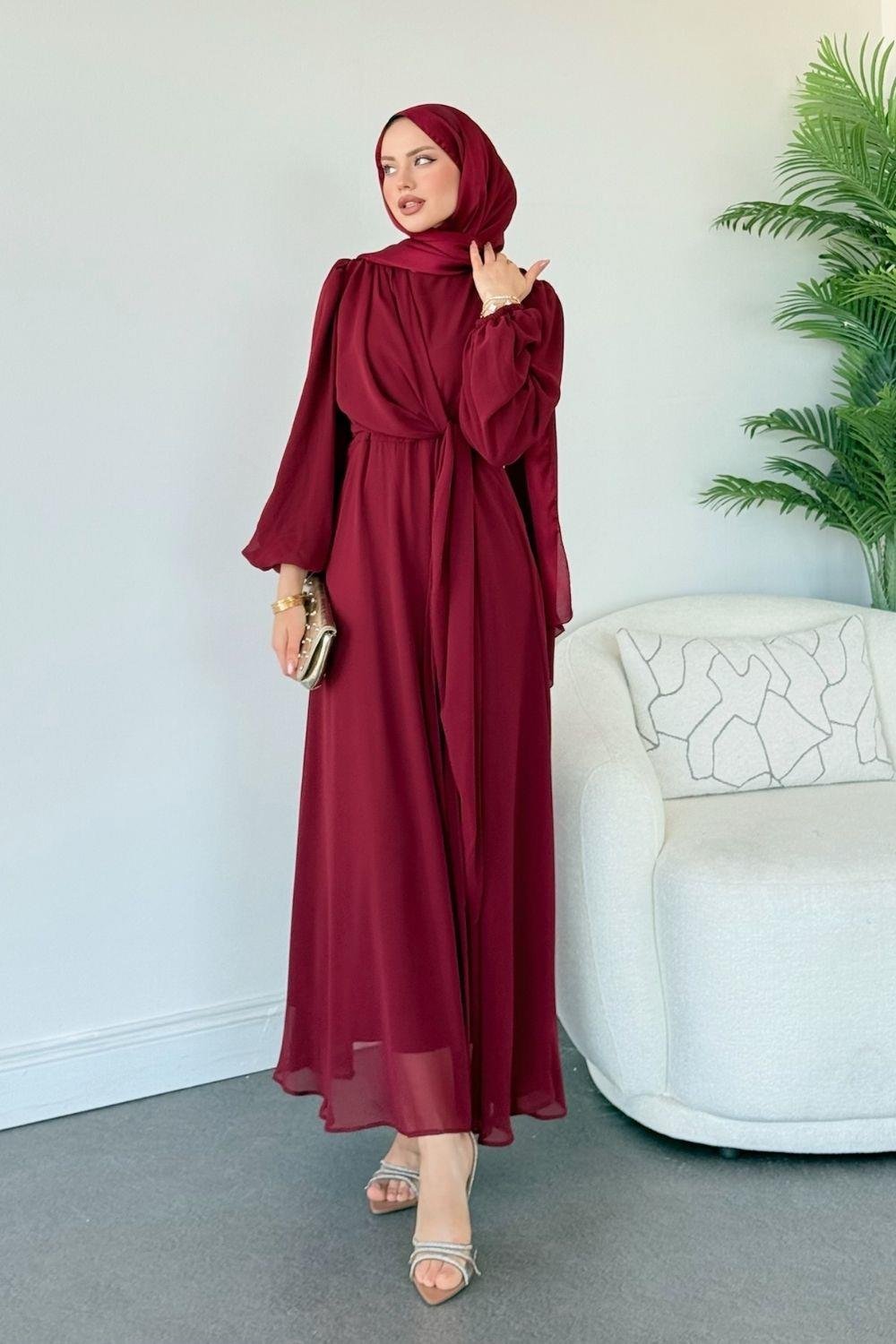 İlayda  Şifon Elbise Bordo 6226 
