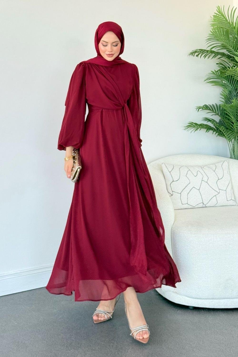 İlayda  Şifon Elbise Bordo 6226 