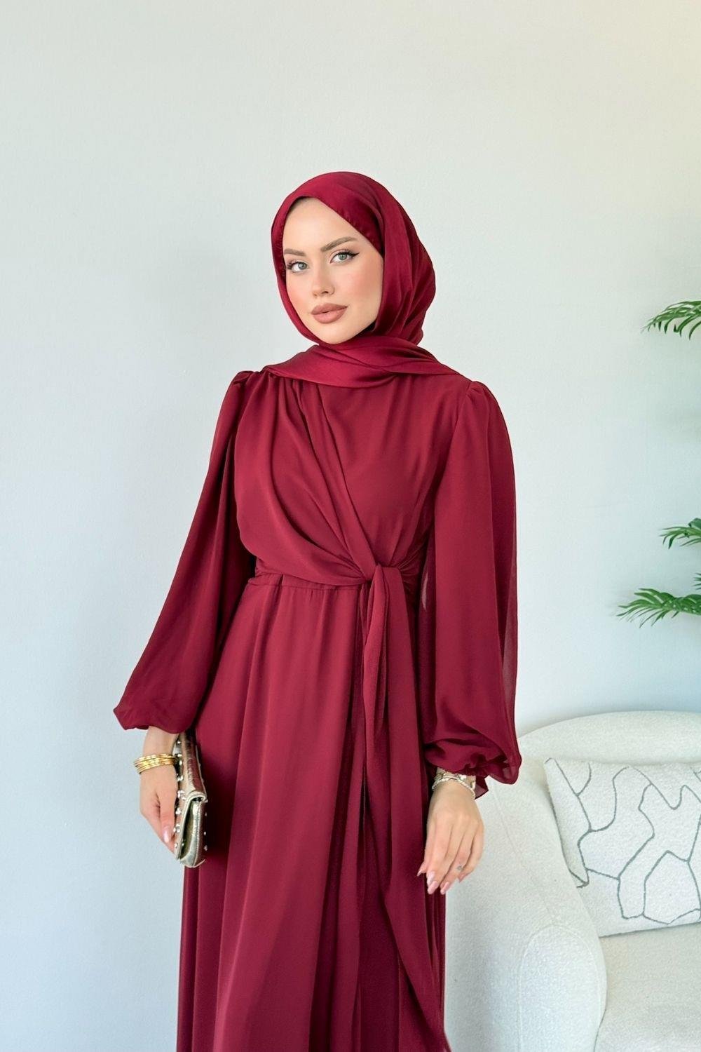 İlayda  Şifon Elbise Bordo 6226 