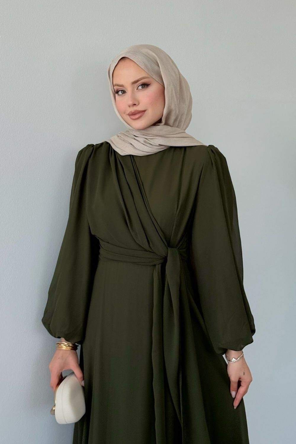 İlayda  Şifon Elbise Haki 6226 