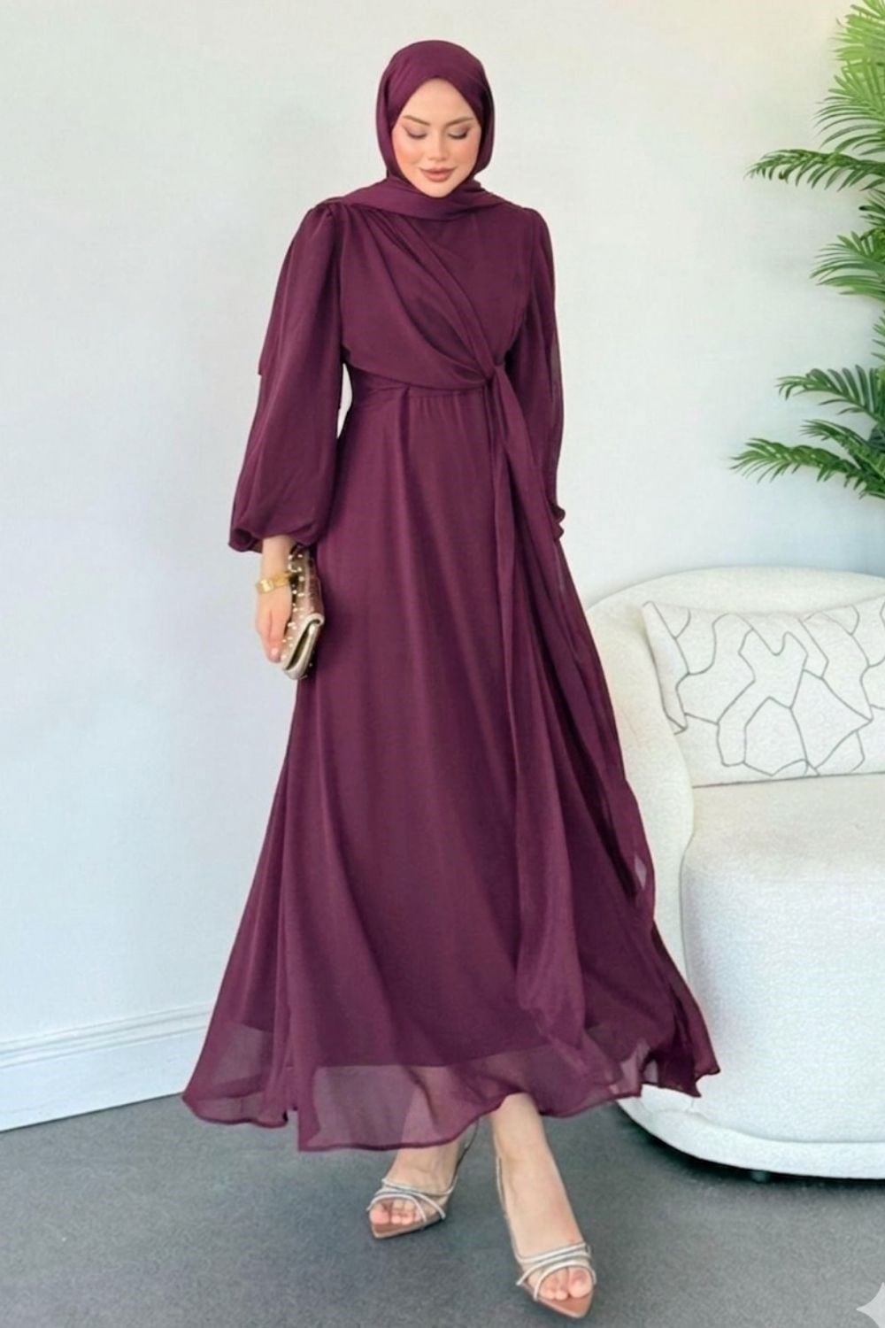 İlayda  Şifon Elbise Mürdüm 6226 