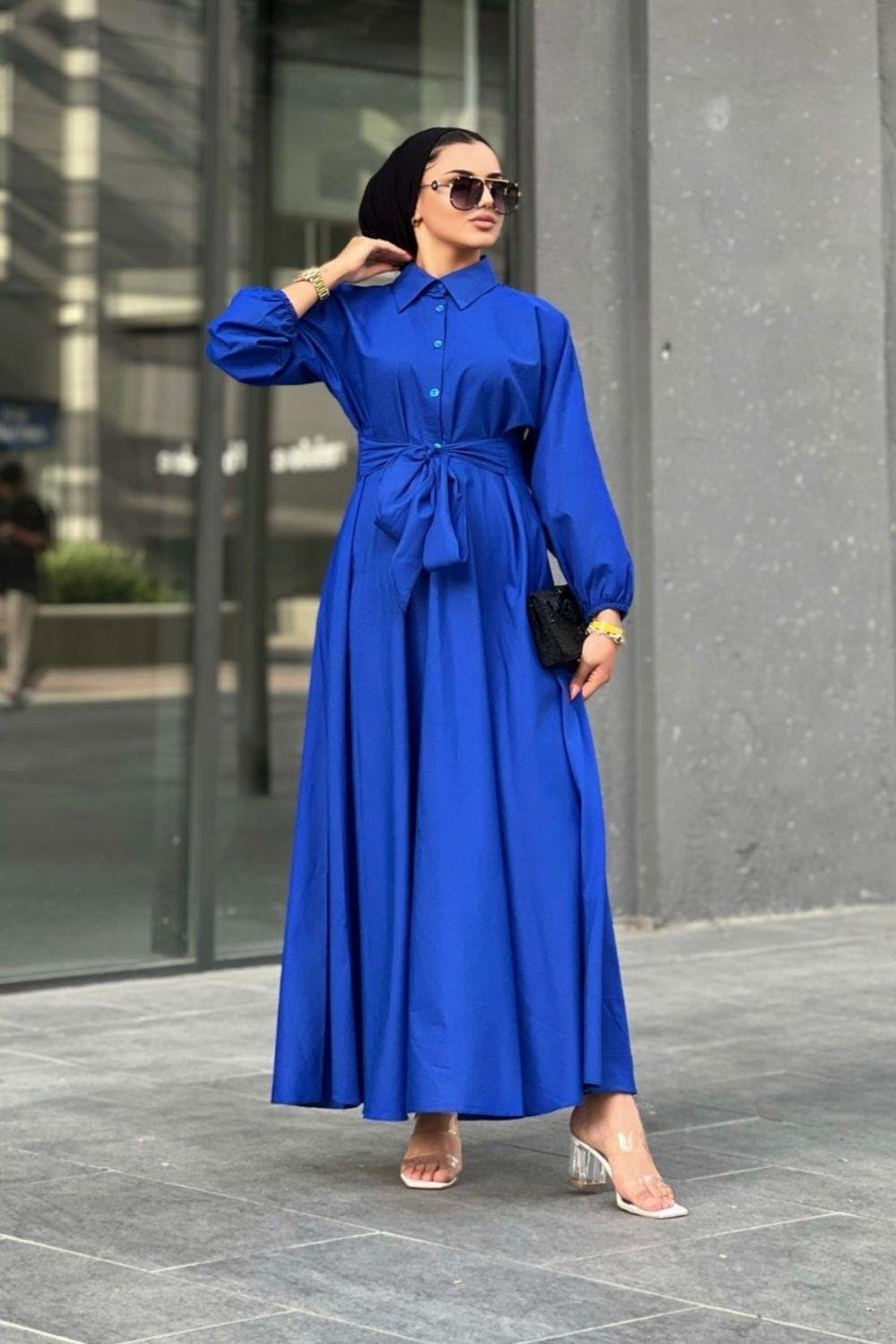 Kendinden Kemerli Tesettür Elbise Saks 6302 