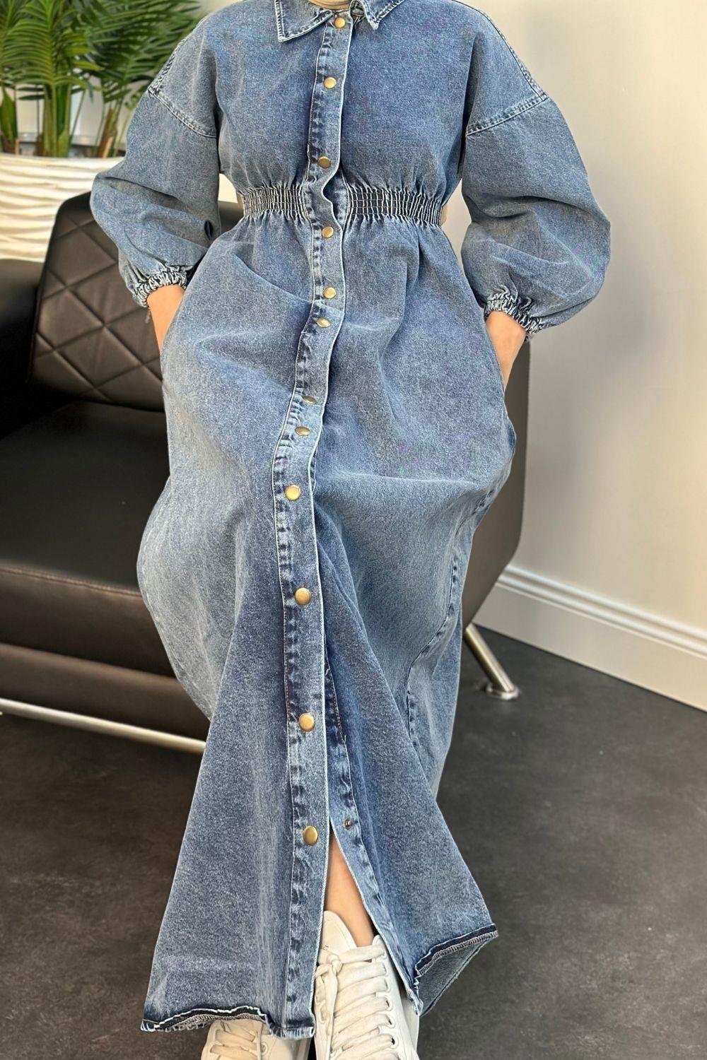 Elastic Waist Snap Denim Dress Blue