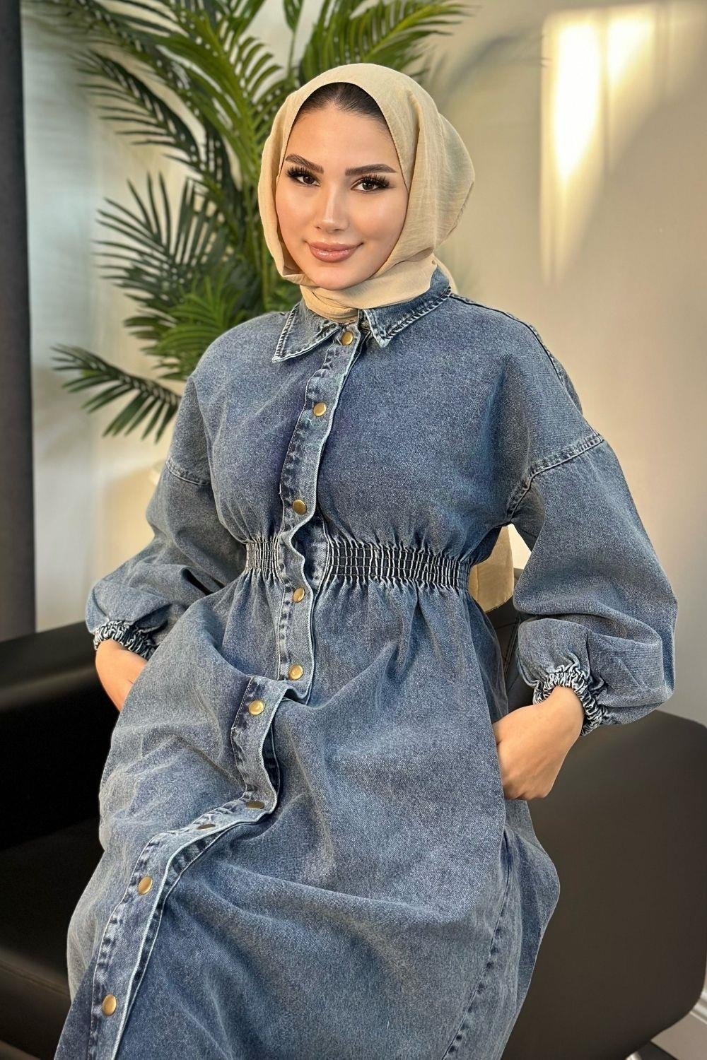 Elastic Waist Snap Denim Dress Blue