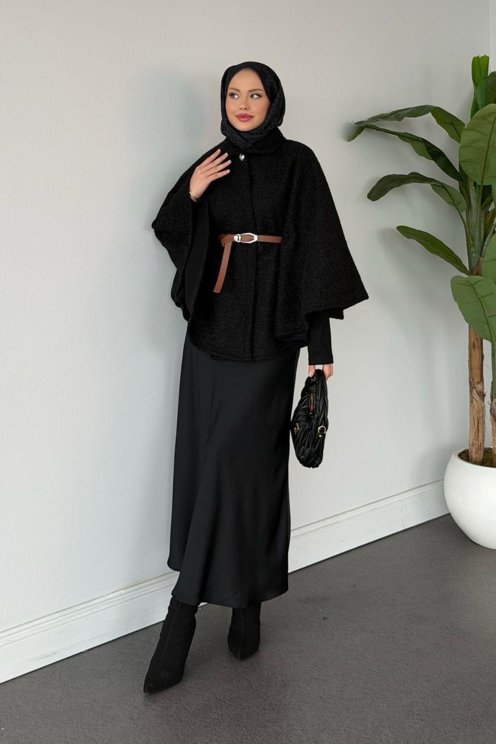 Şeyma Kemerli Pelerin Siyah 7001 