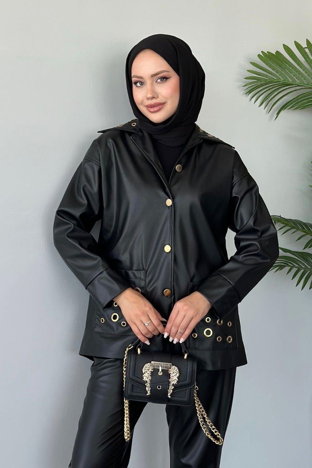 Kuş Gözlü Deri Ceket Kahverengi Siyah 7030 