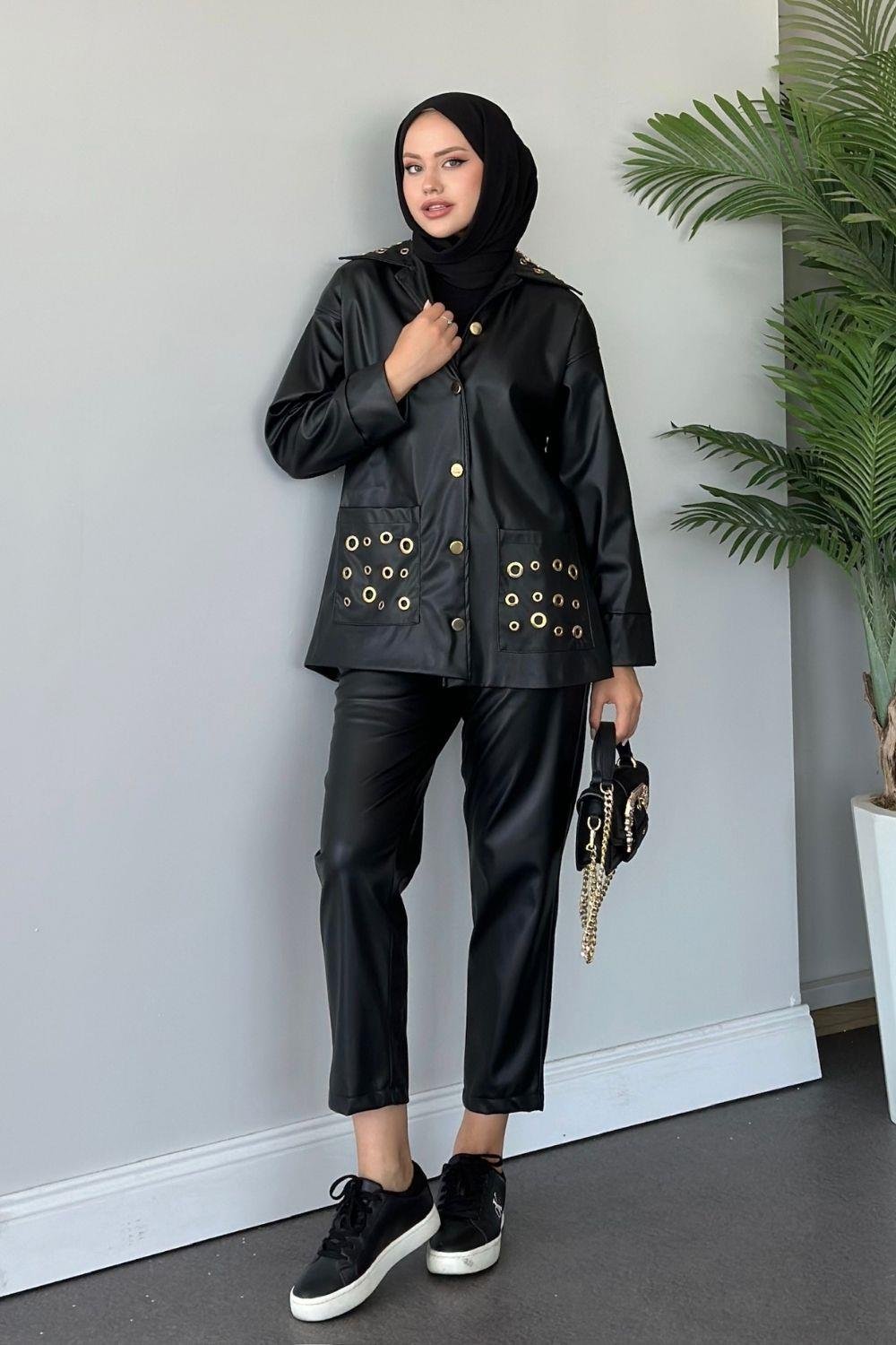 Kuş Gözlü Deri Ceket Kahverengi Siyah 7030 