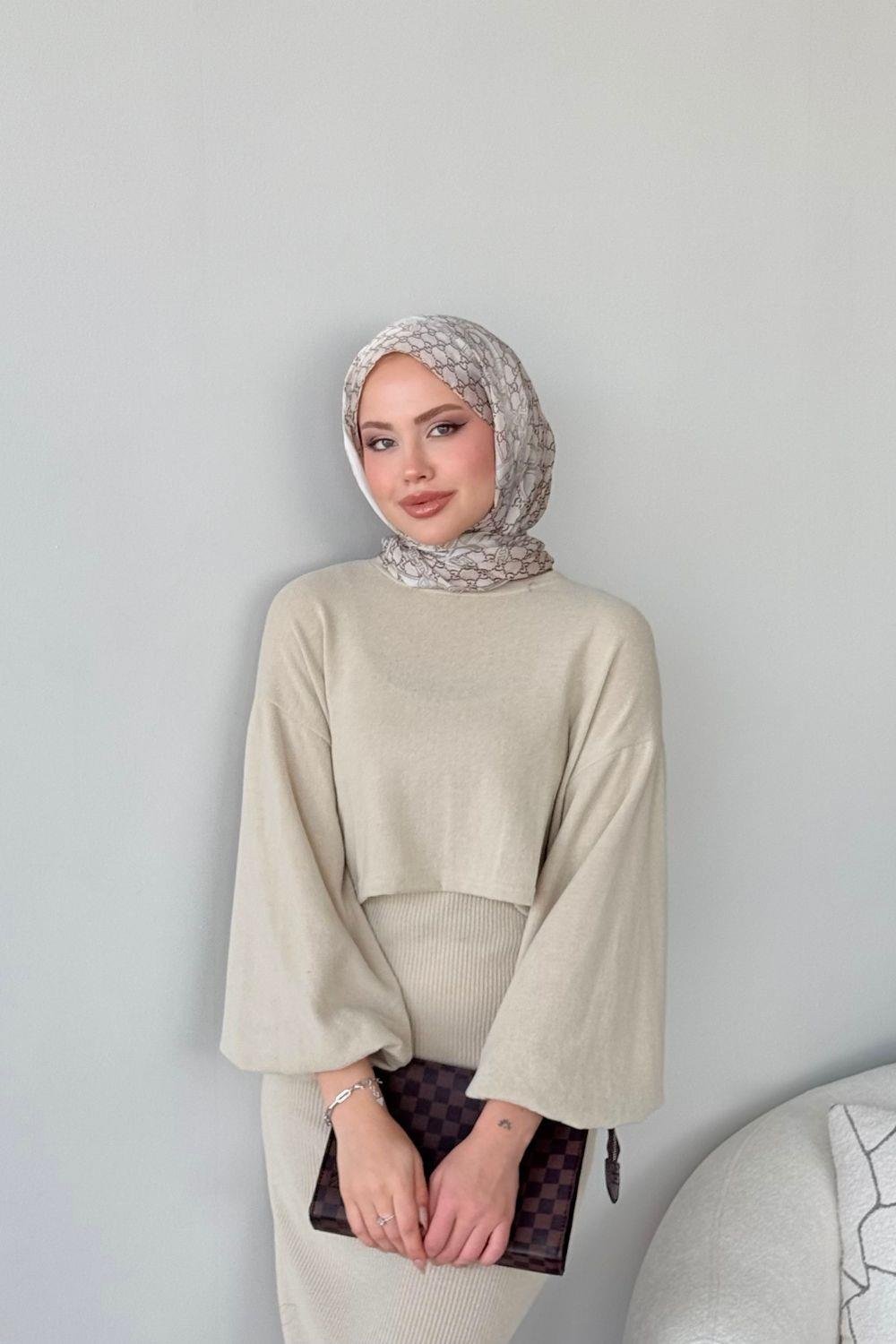 Velvet Triko Elbise Bej 7542 