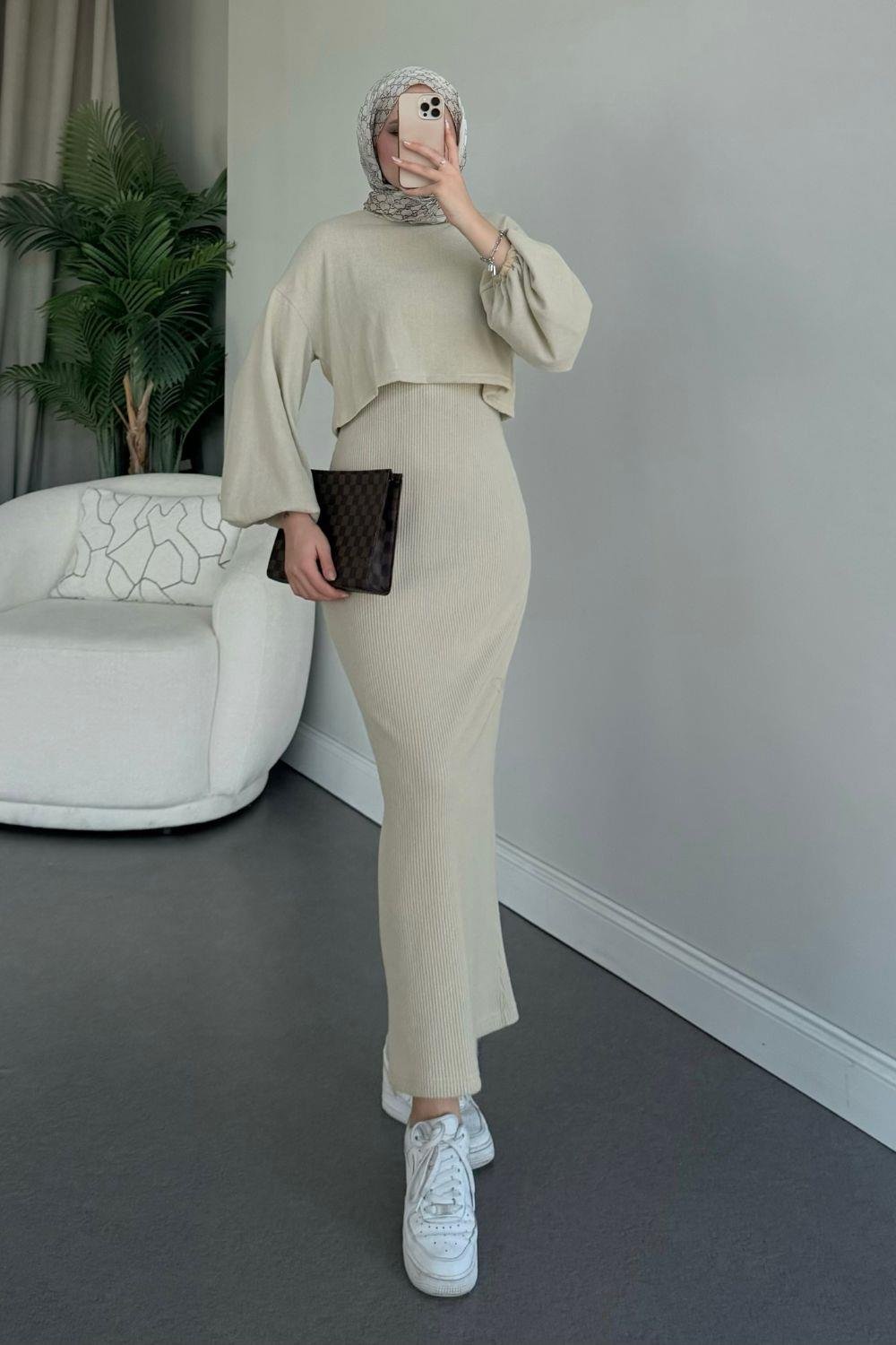 Velvet Triko Elbise Bej 7542 