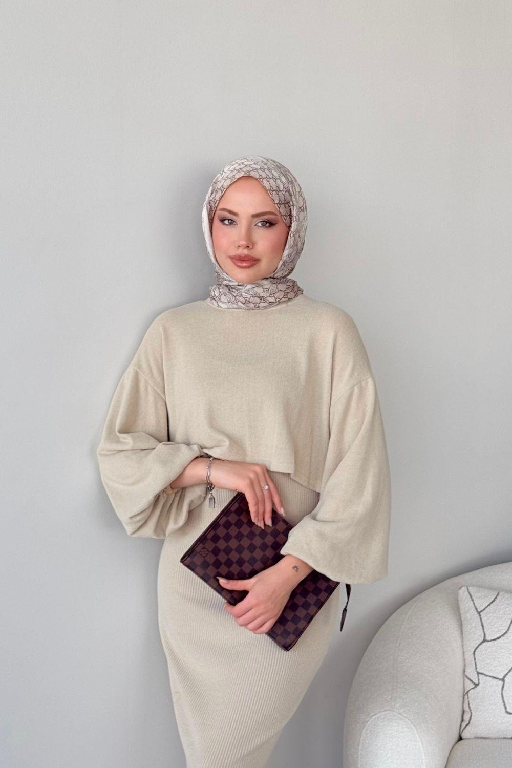 Velvet Triko Elbise Bej 7542 