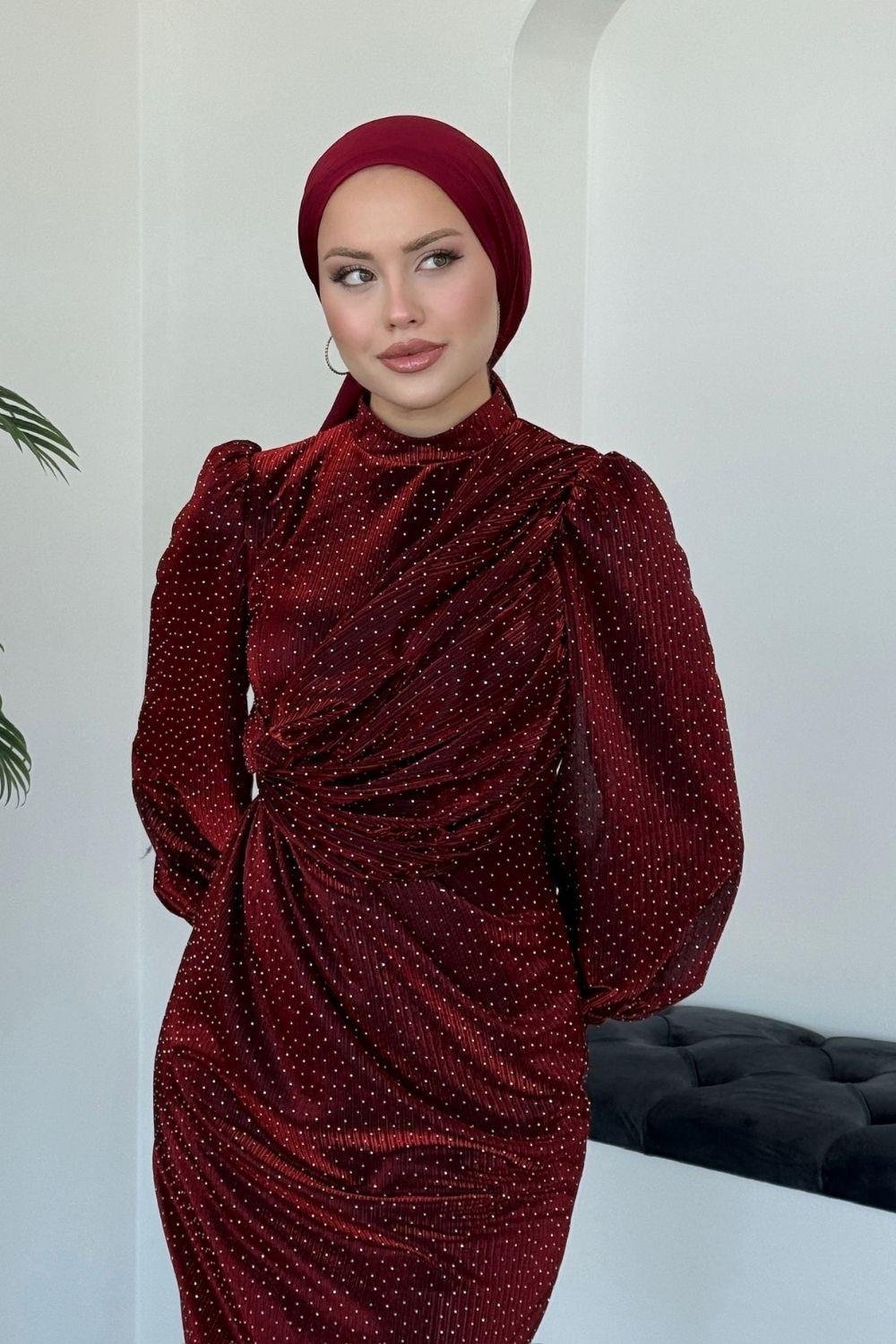 Maviş Simli Abiye Bordo 7710 