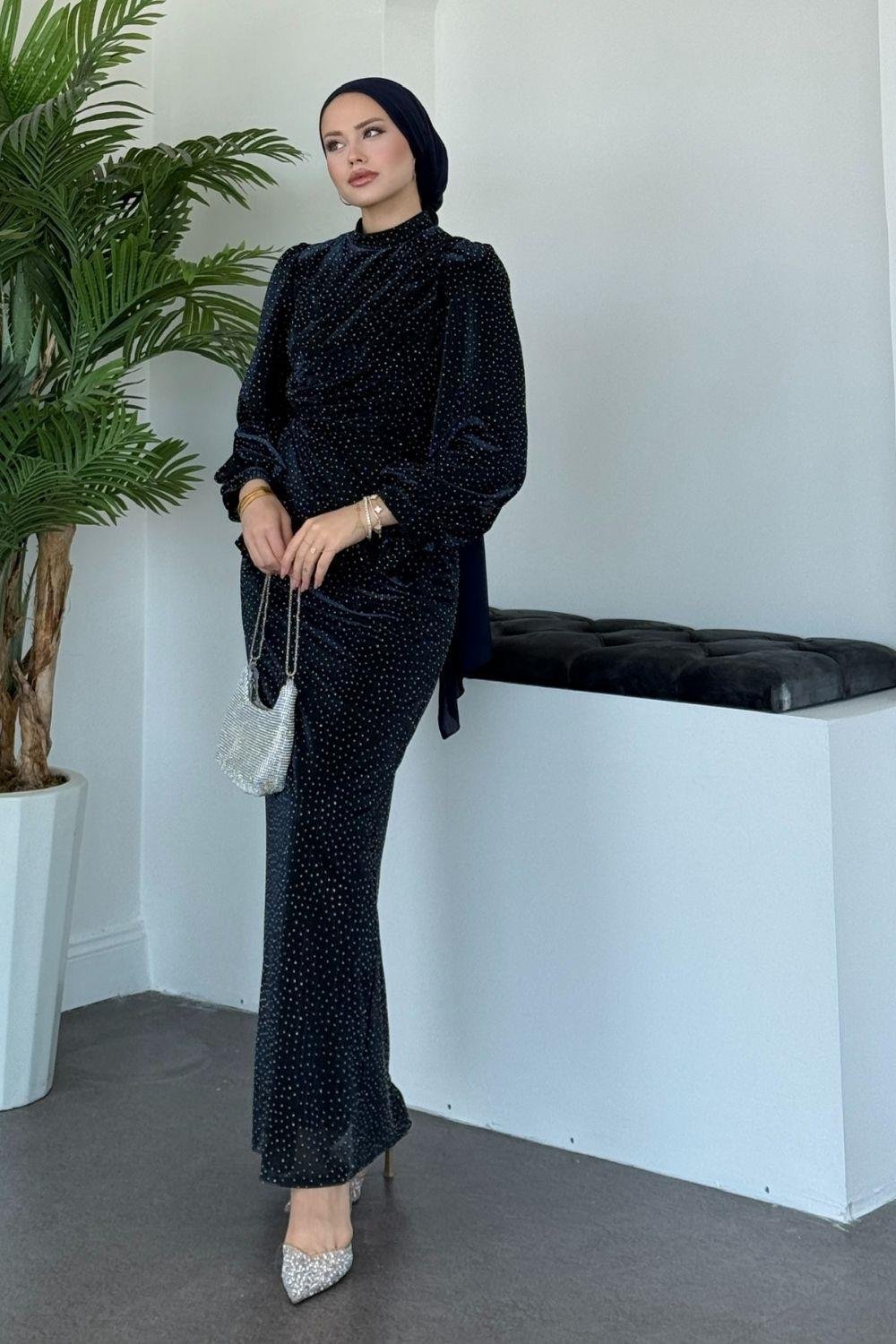 Maviş Simli Abiye Lacivert 7710 