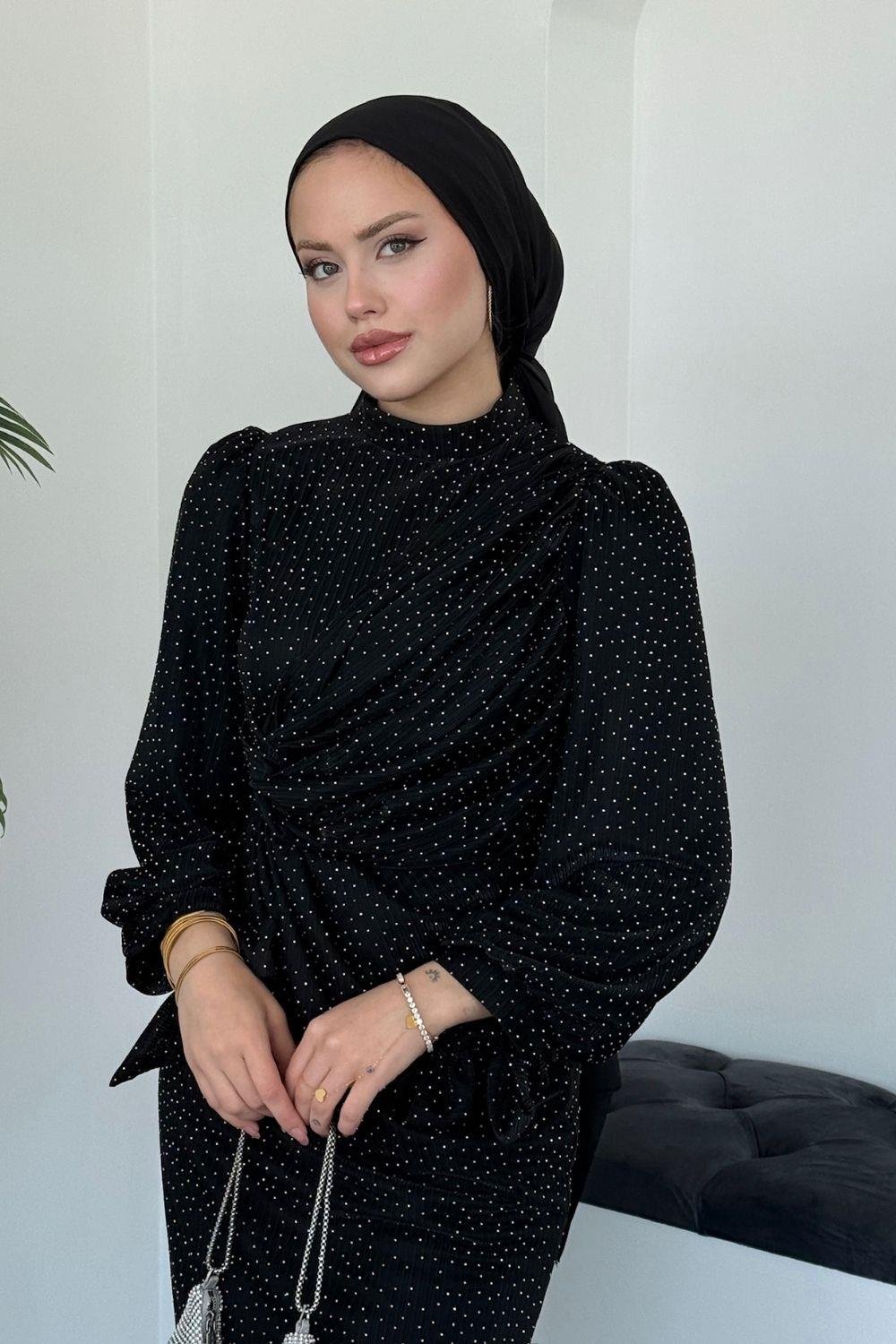 Maviş Simli Abiye Siyah 7710 